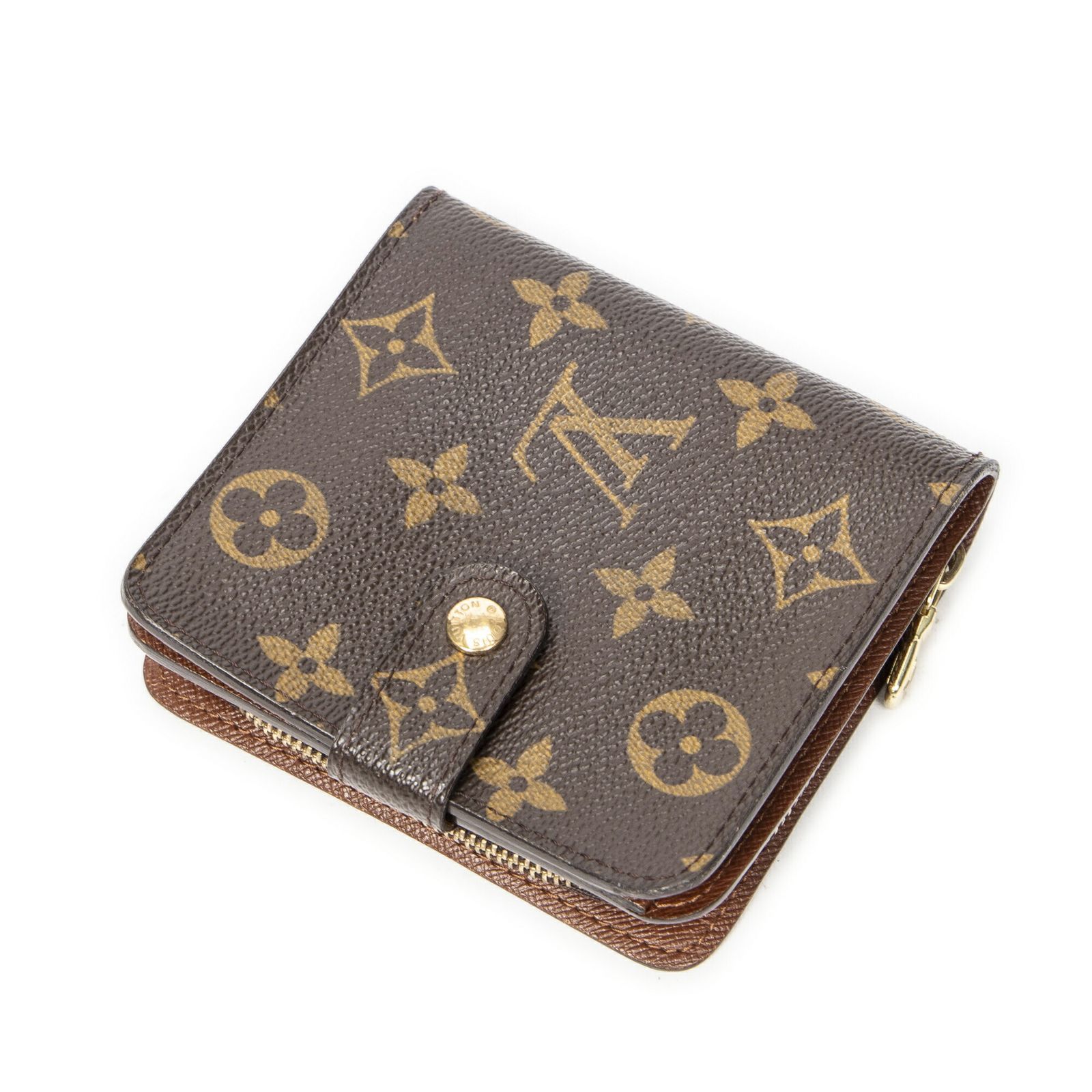 LOUIS VUITTON ルイヴィトンコンパクトジップ 二つ折り財布茶色モノグラムキャンバスA