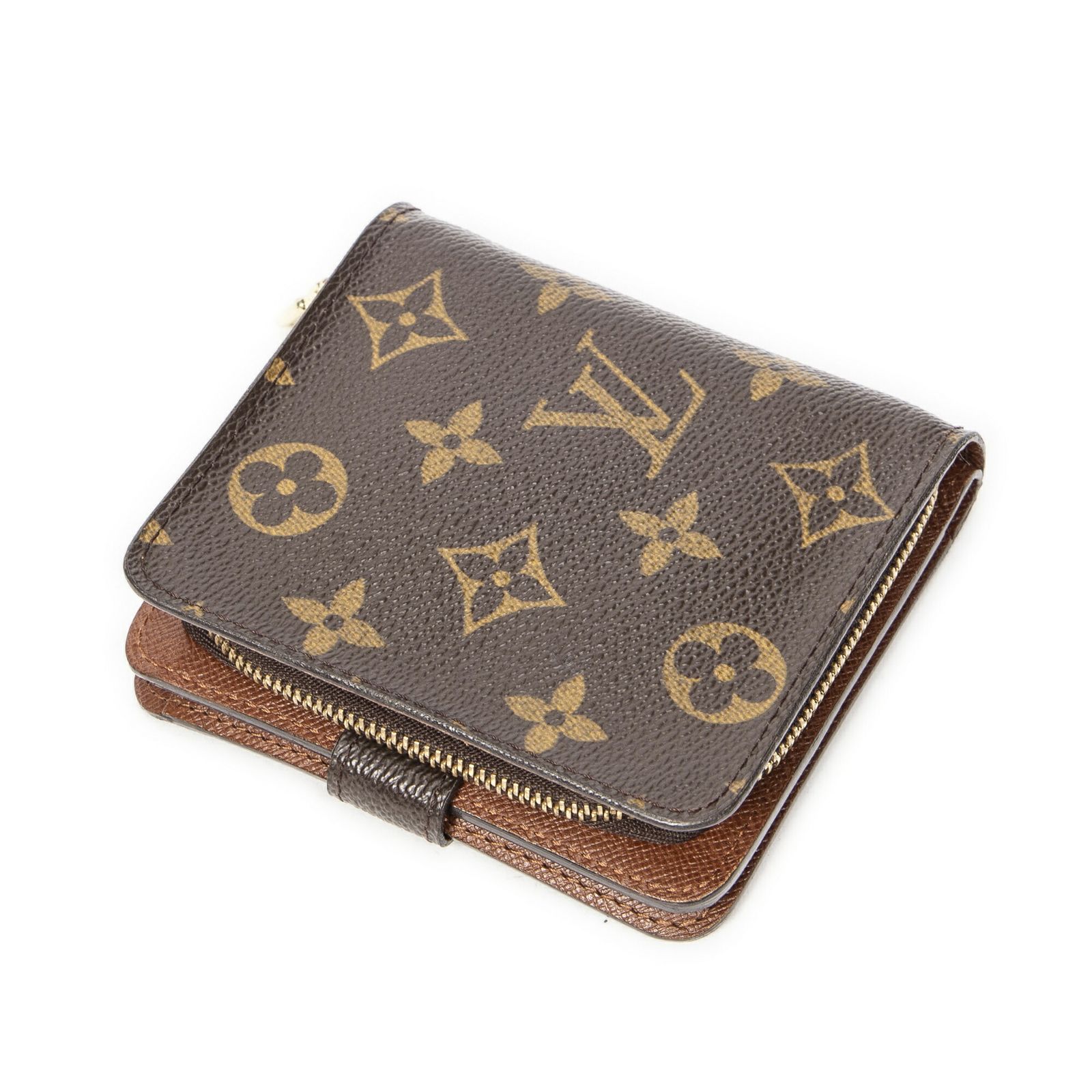LOUIS VUITTON ルイヴィトンコンパクトジップ 二つ折り財布茶色モノグラムキャンバスA