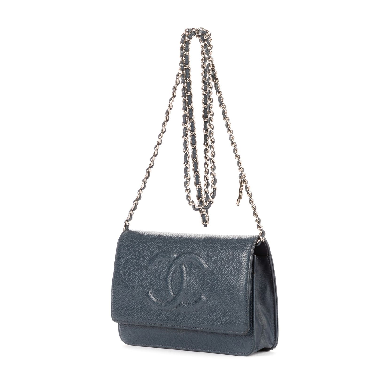 CHANEL シャネルタイムレスチェーンウォレットネイビーマトラッセキャビアレザーA