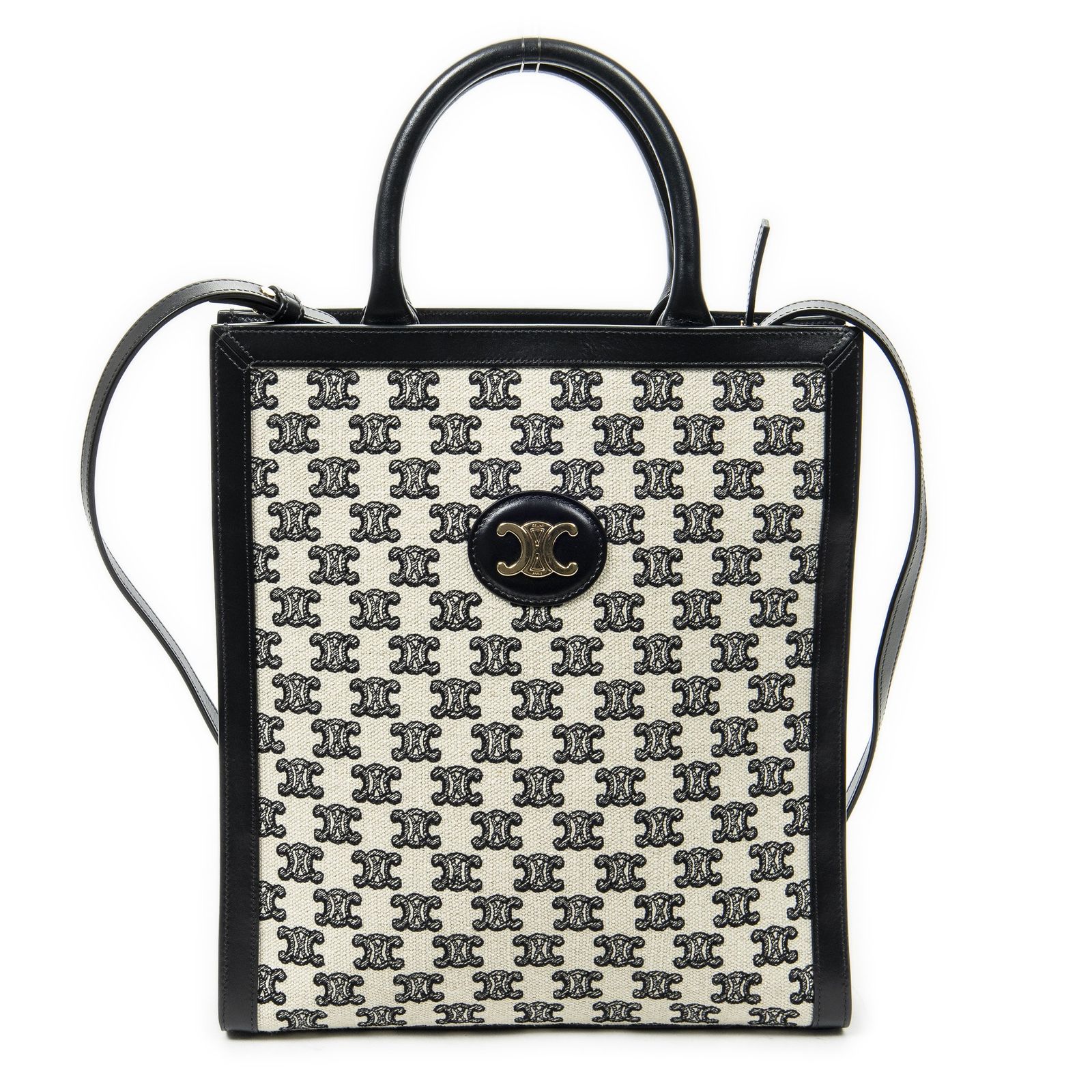 CELINE セリーヌスモール バーティカル カバ トートアイボリー 黒ストライプキャンバスA