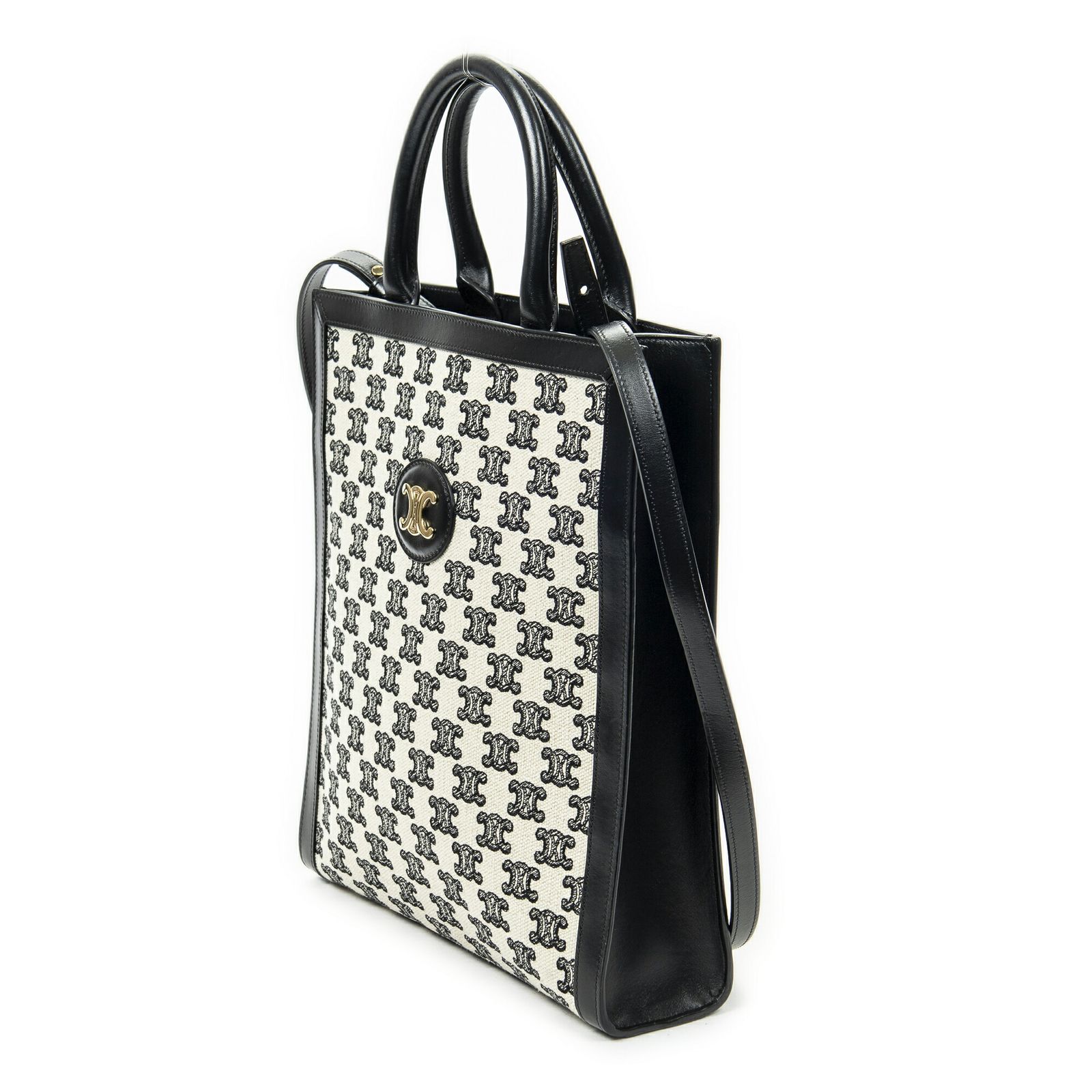 CELINE セリーヌスモール バーティカル カバ トートアイボリー 黒ストライプキャンバスA