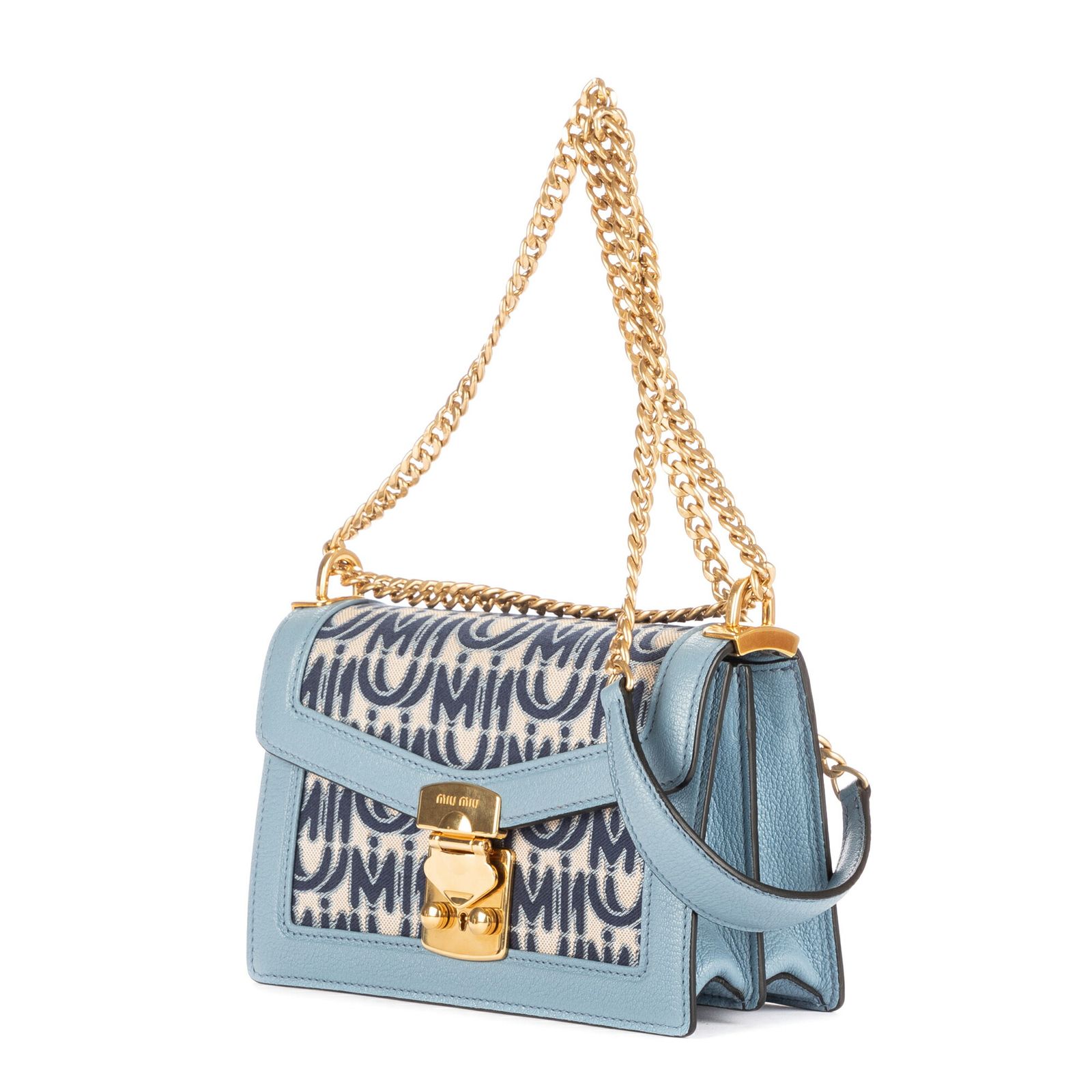 MIU MIU ミュウミュウコンフィデンシャルトートターコイズジャカードグキャンバス カーフスキンレザーN