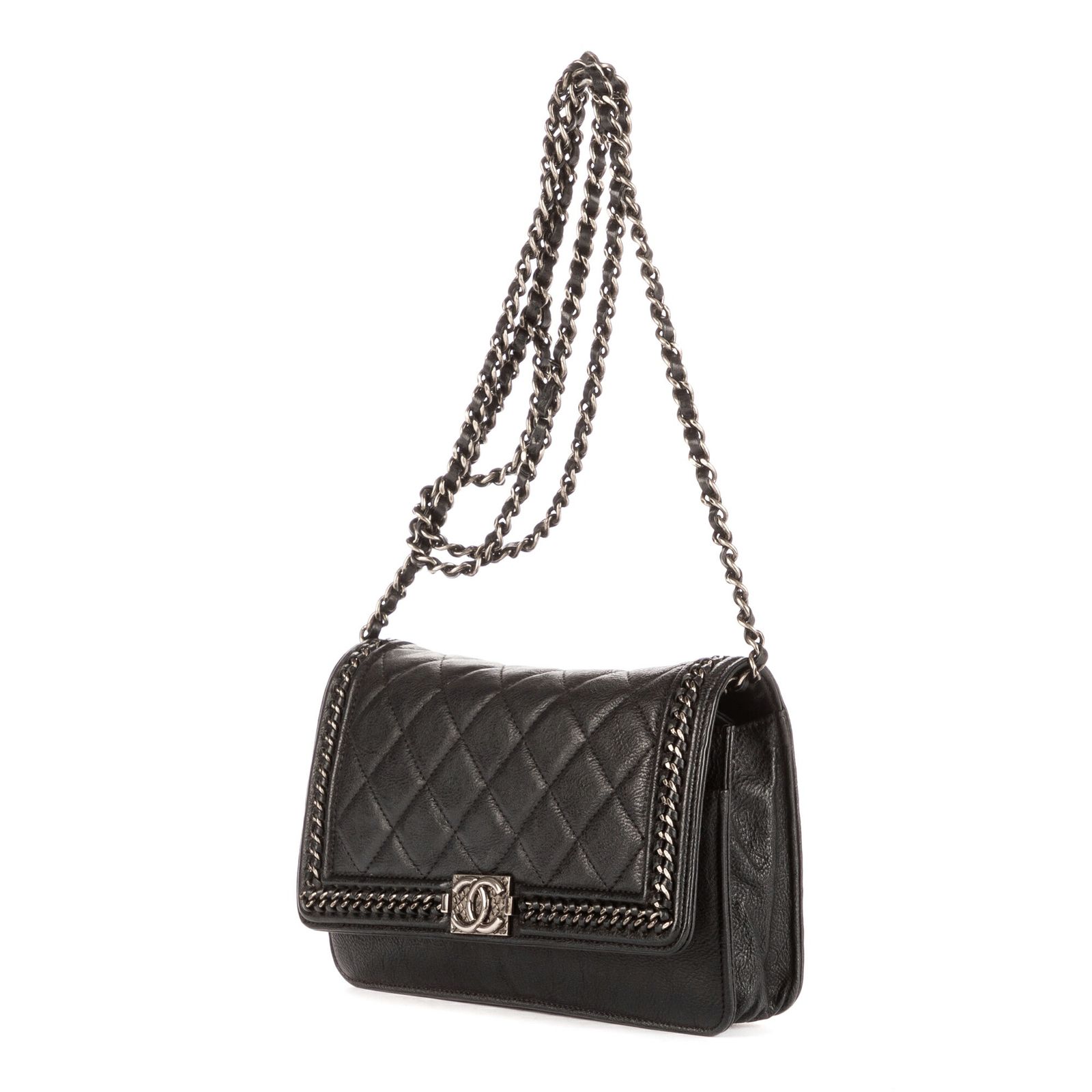 CHANEL シャネルチェーンアラウンドボーイウォレットオンチェーン黒マトラッセカーフスキンAB