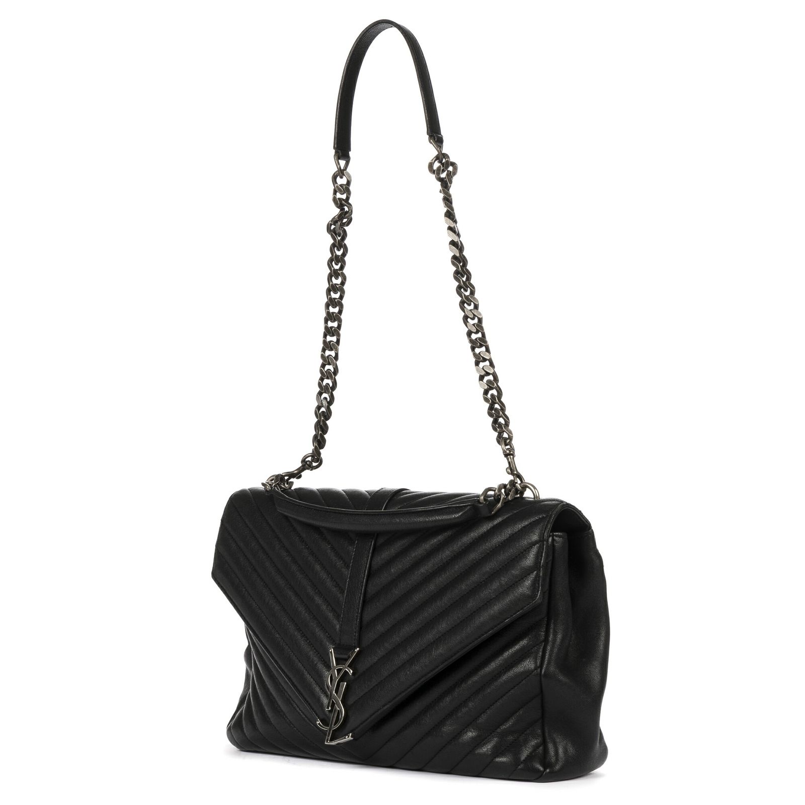 YVES SAINT LAURENT イヴサンローランカレッジ黒シェブロン マトラッセ カーフスキン レザーA