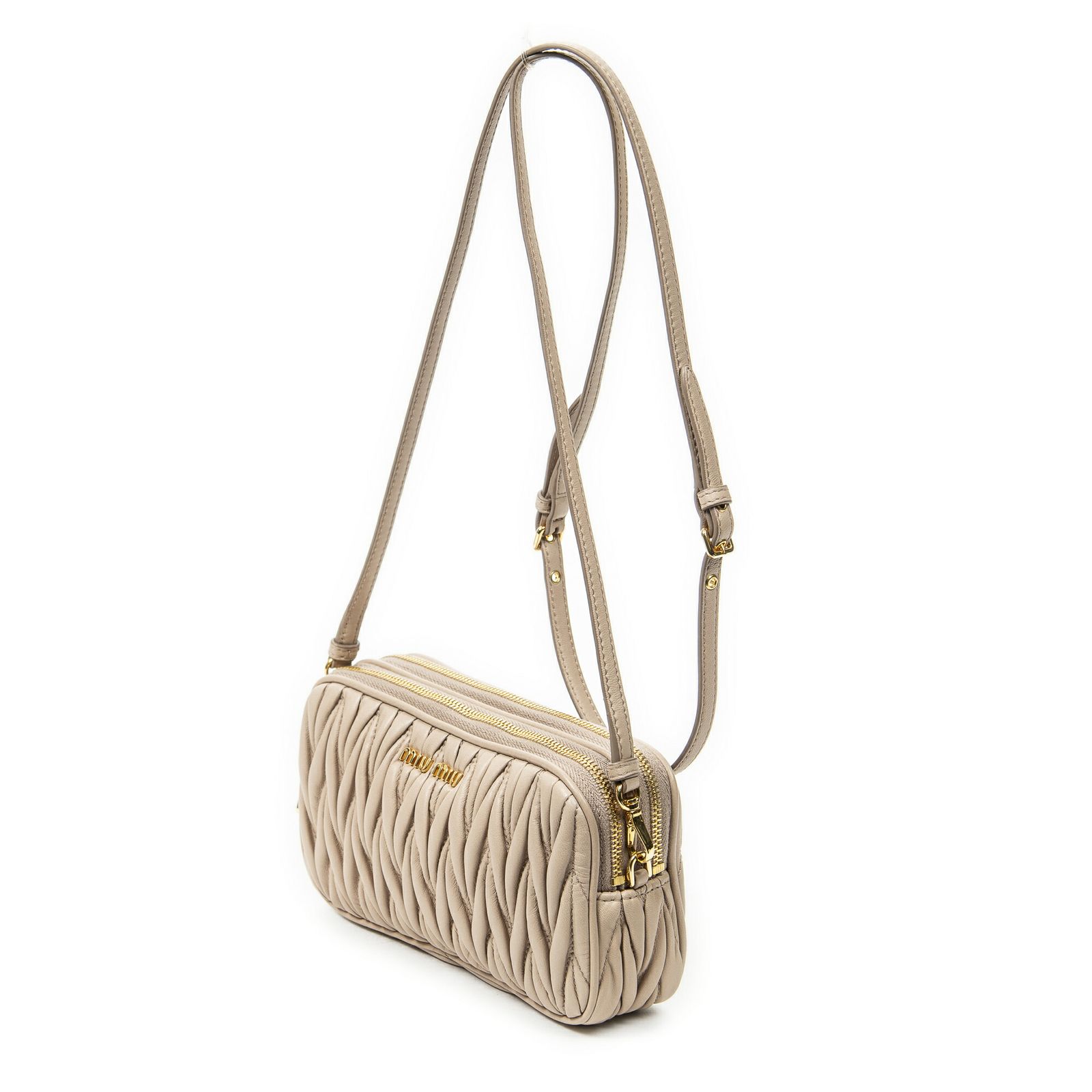 MIU MIU ミュウミュウダブルジップカメラクロスボディピンクナッパマトラッセレザーA