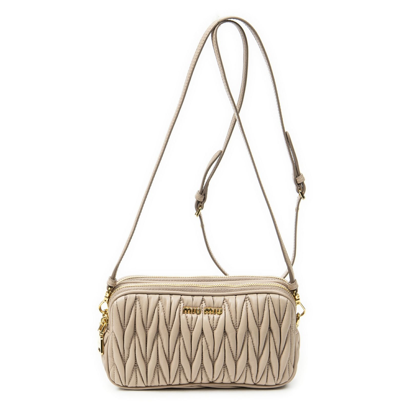 MIU MIU ミュウミュウダブルジップカメラクロスボディピンクナッパマトラッセレザーA