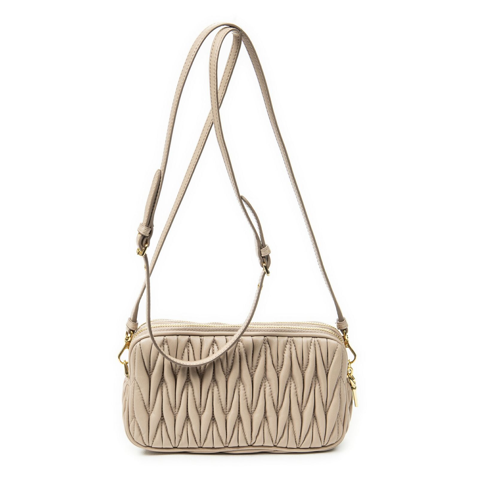 MIU ミュウミュウダブルジップカメラクロスボディピンクナッパマトラッセレザーA