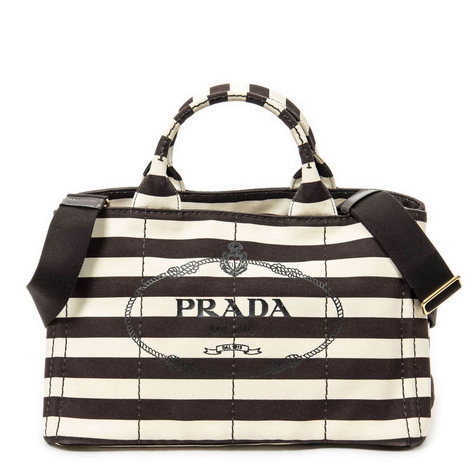 PRADA プラダ中ストライプカナパトートベージュ|ブラウンプリントカナパキャンバスA