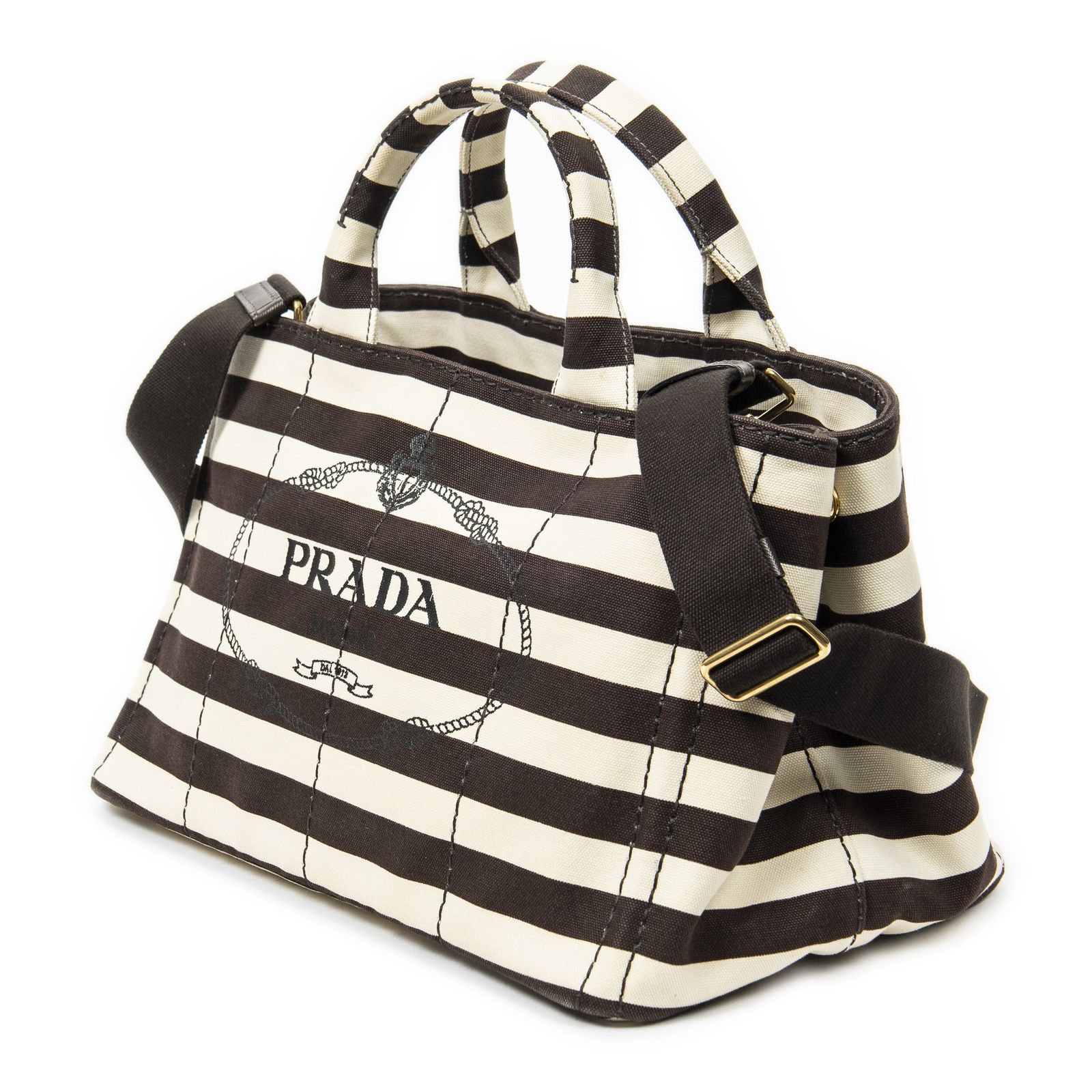 PRADA プラダ中ストライプカナパトートベージュ|ブラウンプリントカナパキャンバスA