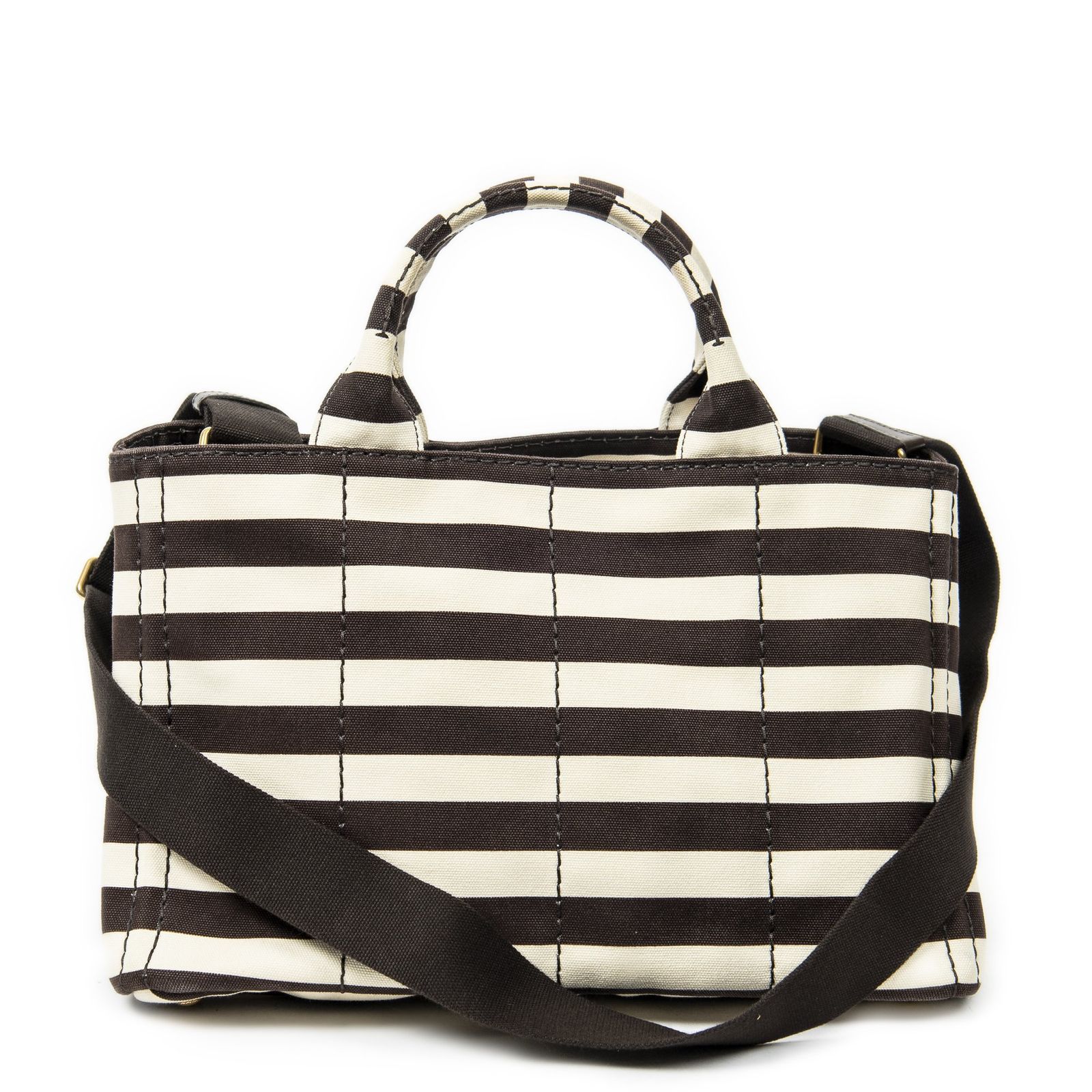 PRADA プラダ中ストライプカナパトートベージュ|ブラウンプリントカナパキャンバスA