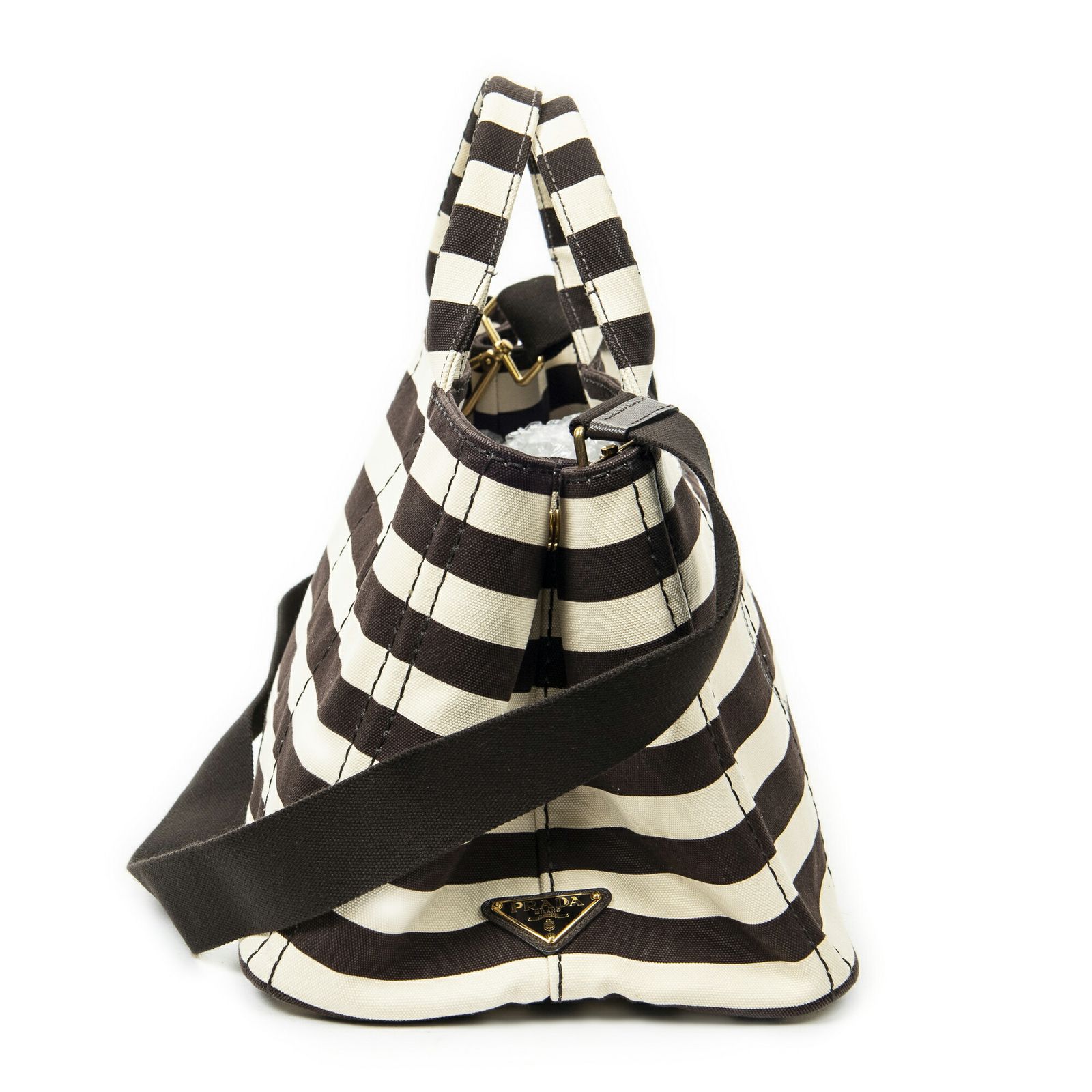 プラダ中ストライプカナパトートベージュ|ブラウンプリントカナパキャンバスA