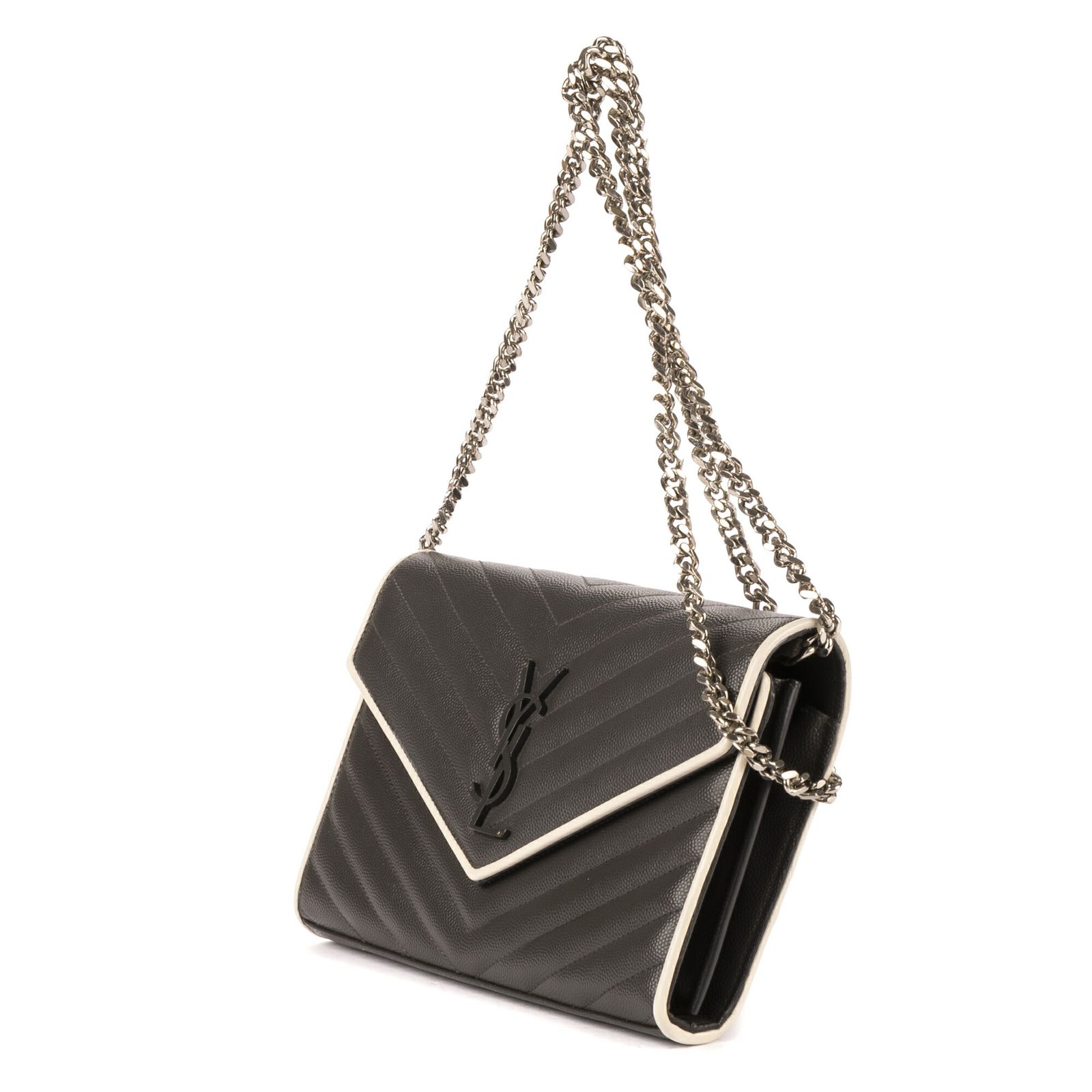 YVES SAINT LAURENT イヴサンローランカサンドル エンヴォロップ チェーン ウォレットグレー 白マトラッセ グレイン ドゥ プードル レザーA