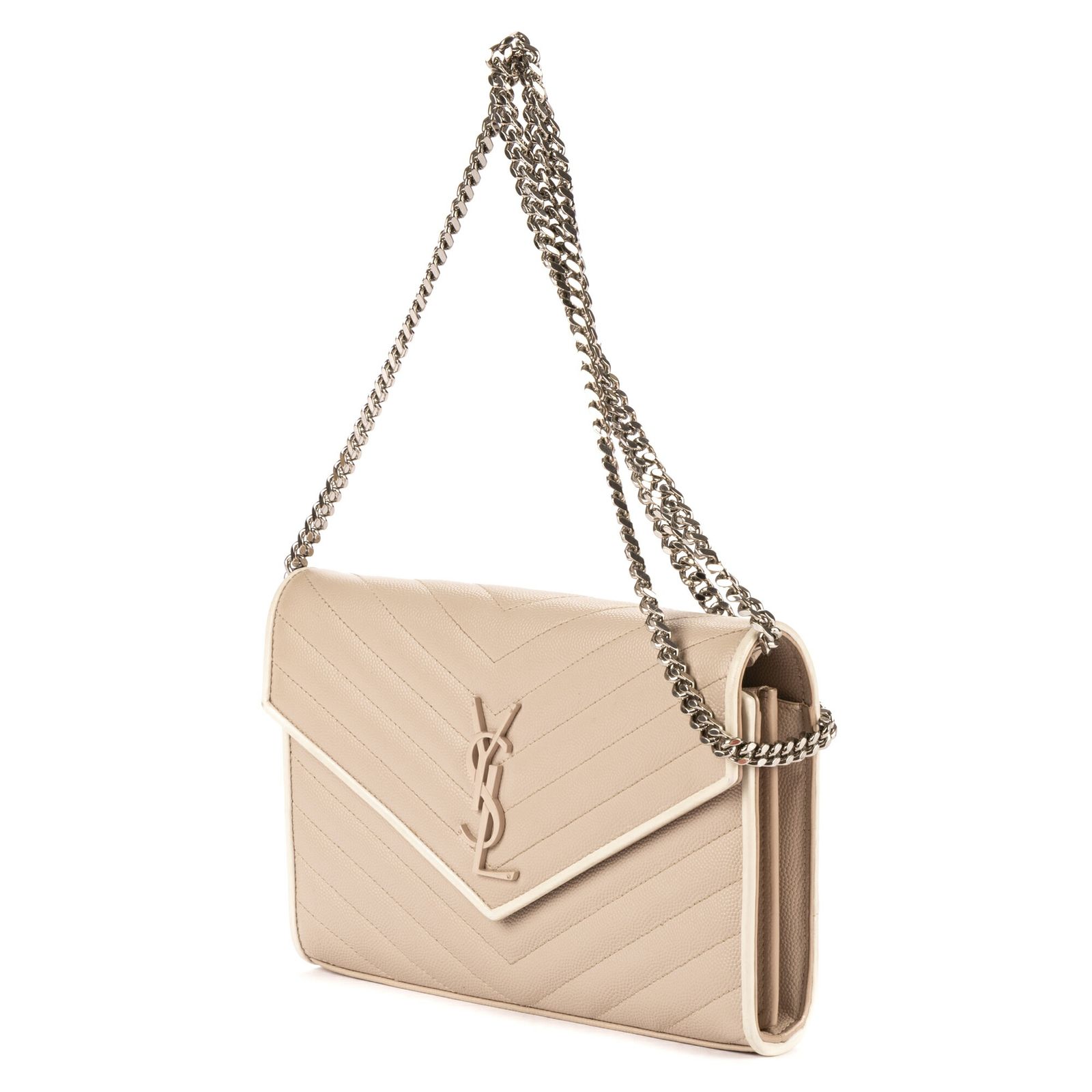 YVES SAINT LAURENT イヴサンローランカサンドル エンヴロップ チェーン ウォレットトープ 白マトラッセ グレイン ドゥ プードル レザーA