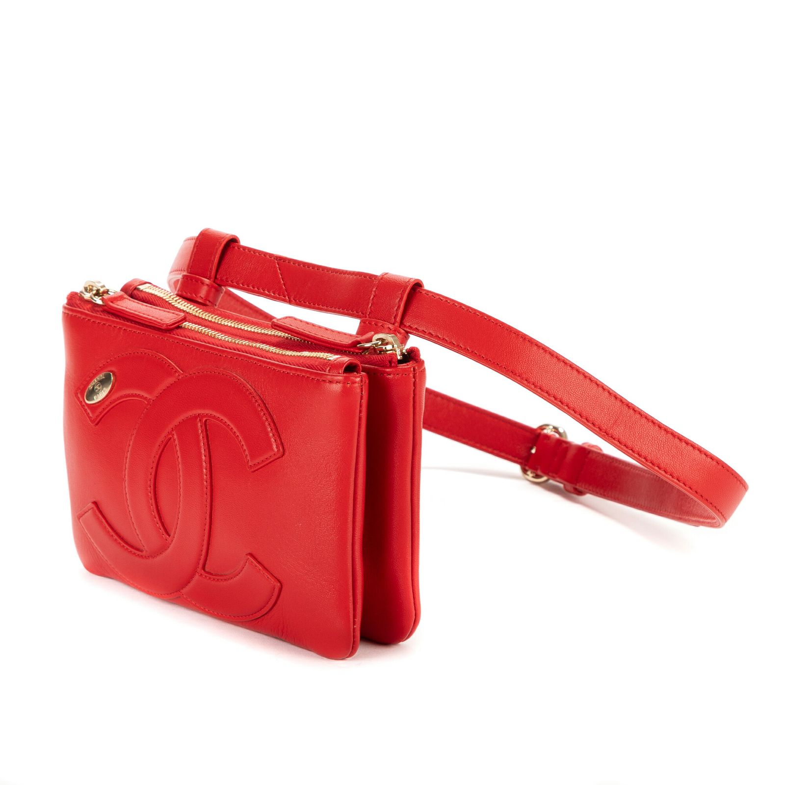 CHANEL シャネルCCマニア ダブルジップ リストポーチ赤スムースレザーA