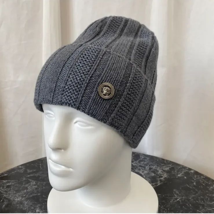 ヴェルサーチ VERSACE メドゥーサ リブ ニット ビーニー グレー