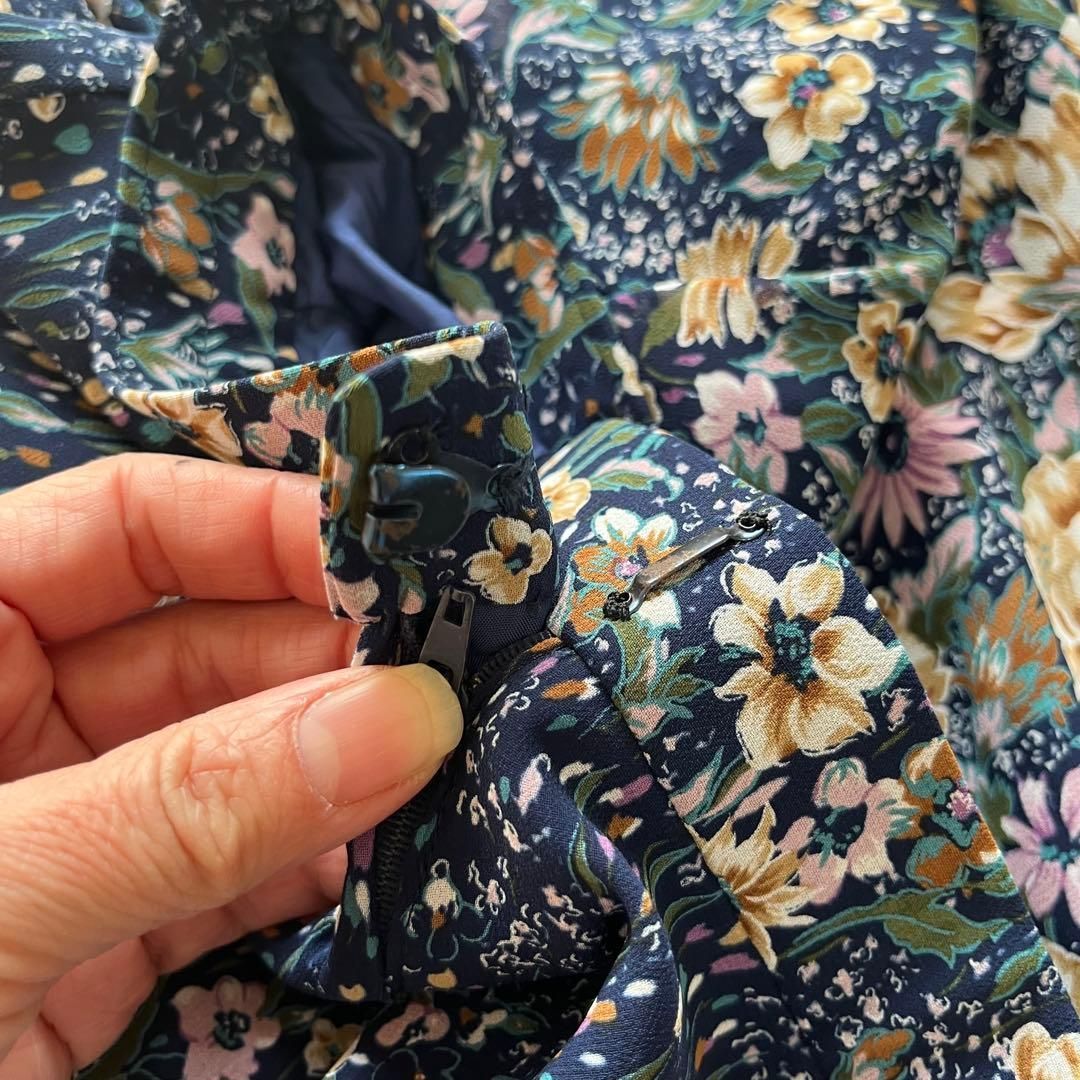 昭和レトロ花柄長袖ロングワンピースセットアップ透け素材ネイビーaf