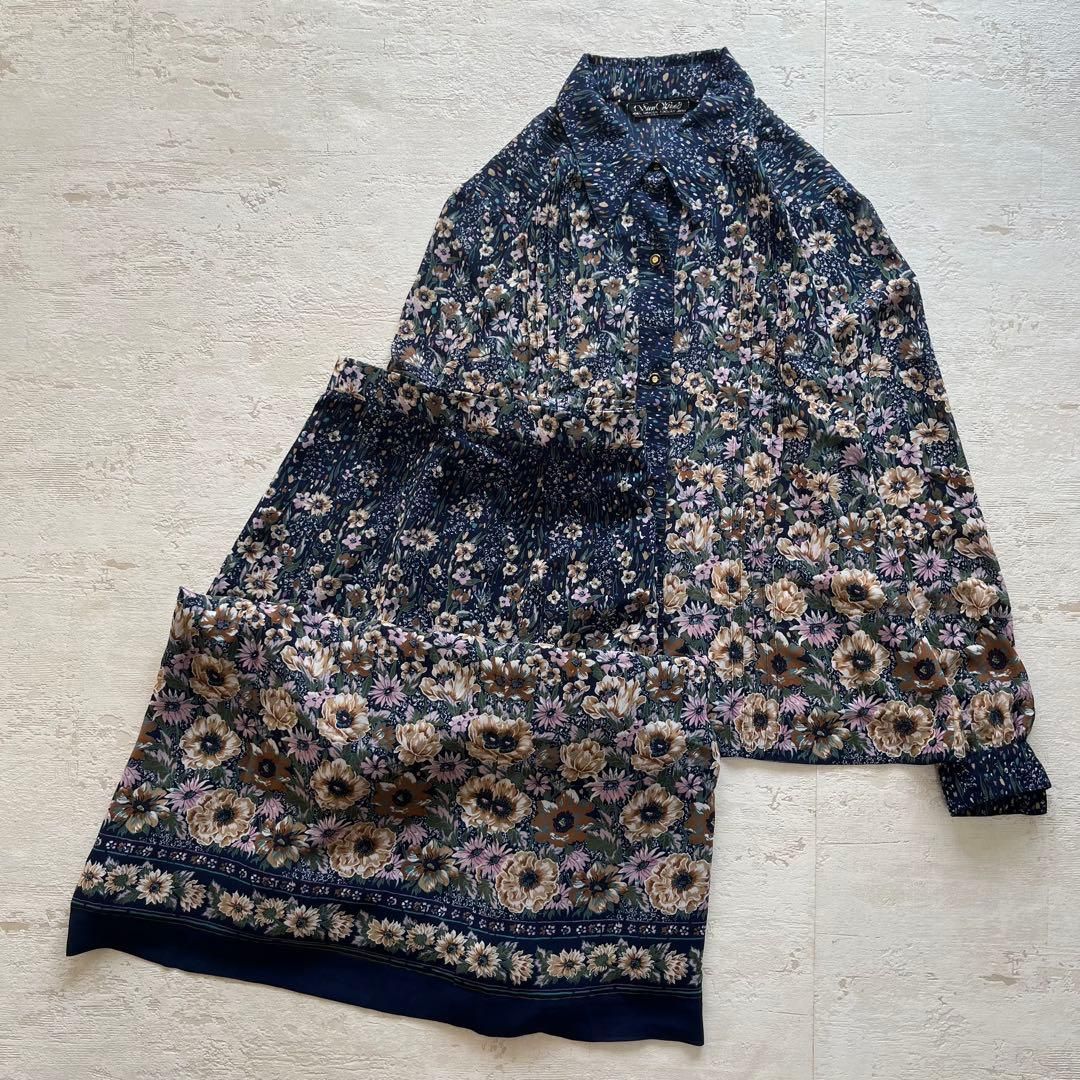 昭和レトロ花柄長袖ロングワンピースセットアップ透け素材ネイビーaf