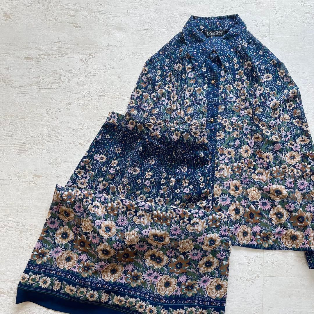 昭和レトロ花柄長袖ロングワンピースセットアップ透け素材ネイビーaf