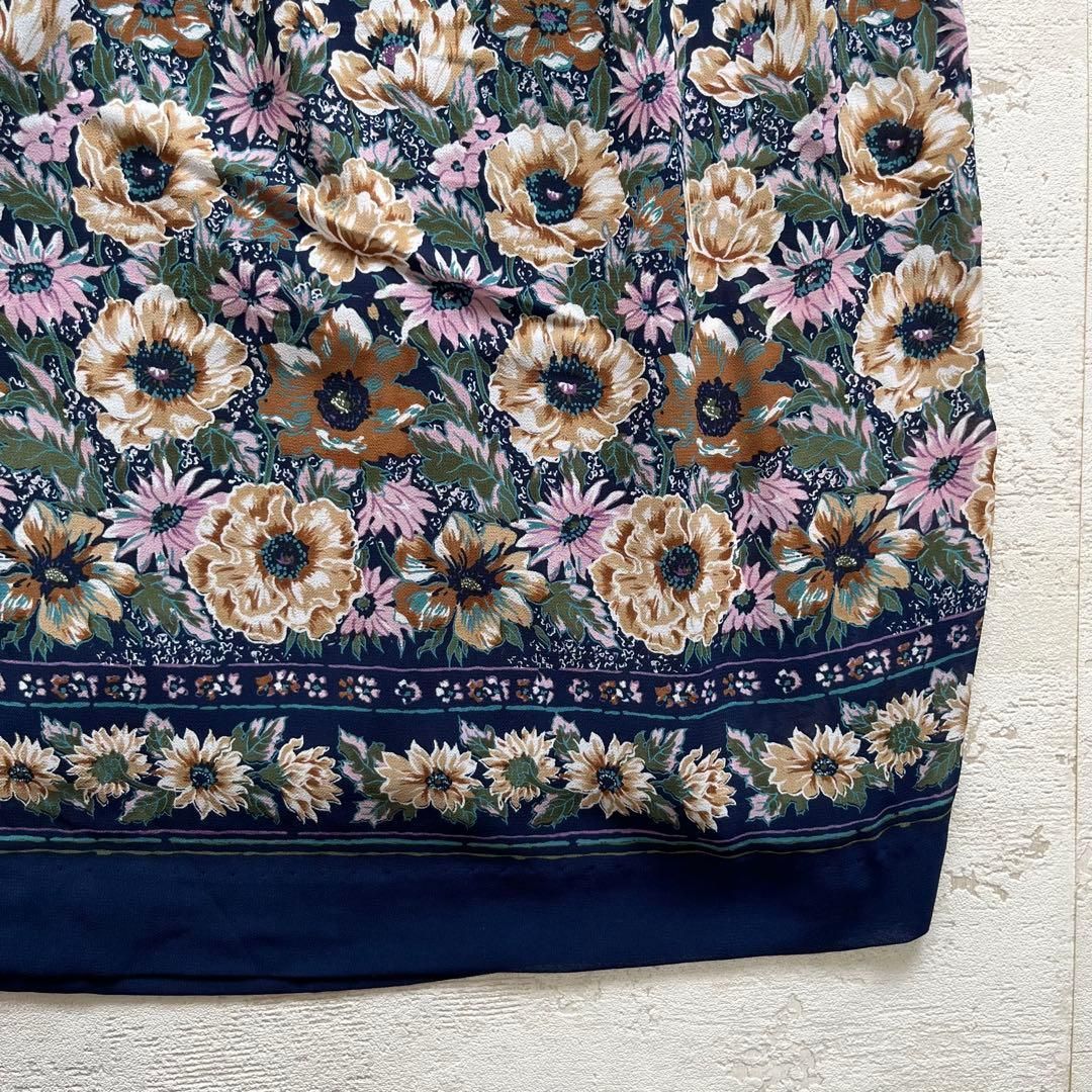 昭和レトロ花柄長袖ロングワンピースセットアップ透け素材ネイビーaf