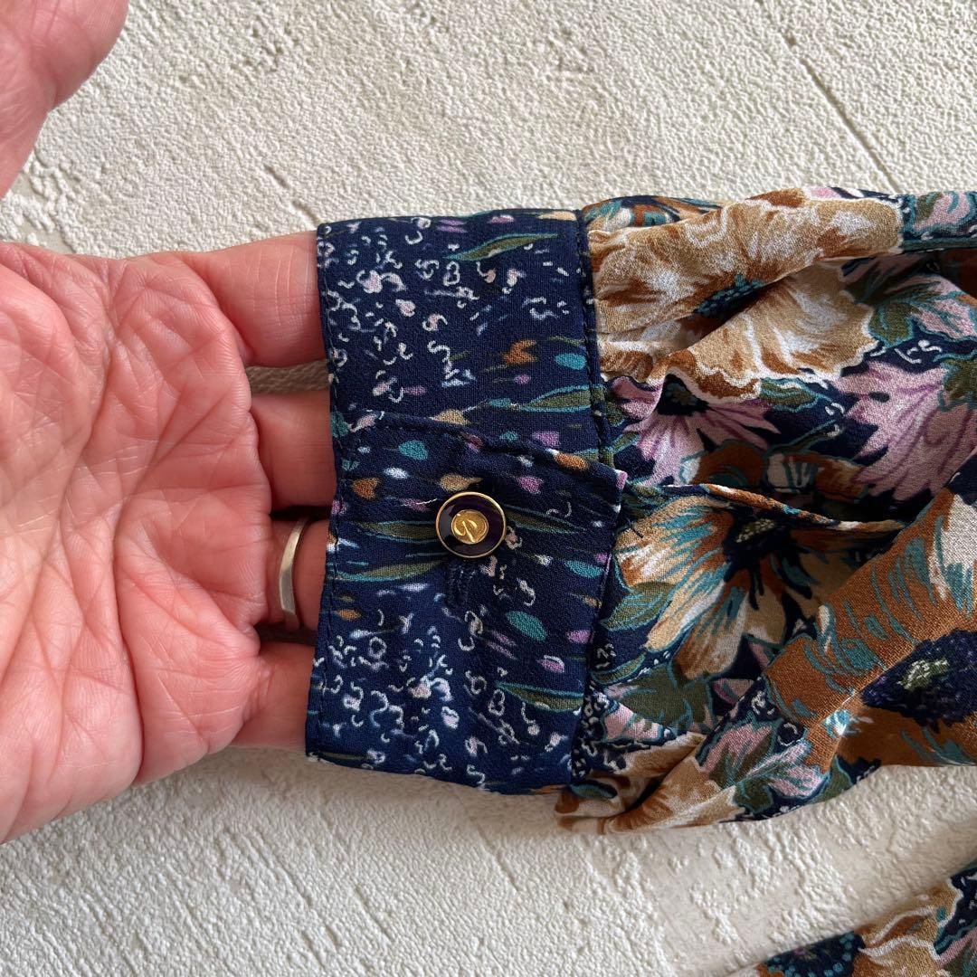 昭和レトロ花柄長袖ロングワンピースセットアップ透け素材ネイビーaf