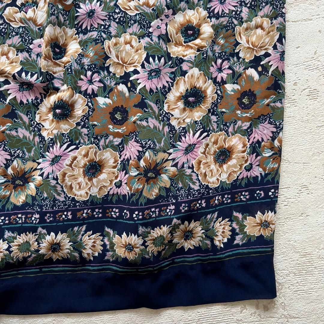 昭和レトロ花柄長袖ロングワンピースセットアップ透け素材ネイビーaf