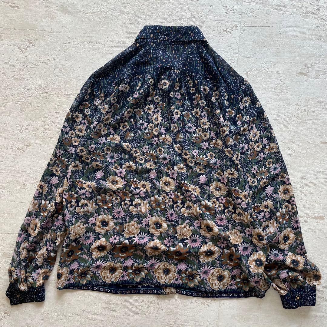 昭和レトロ花柄長袖ロングワンピースセットアップ透け素材ネイビーaf