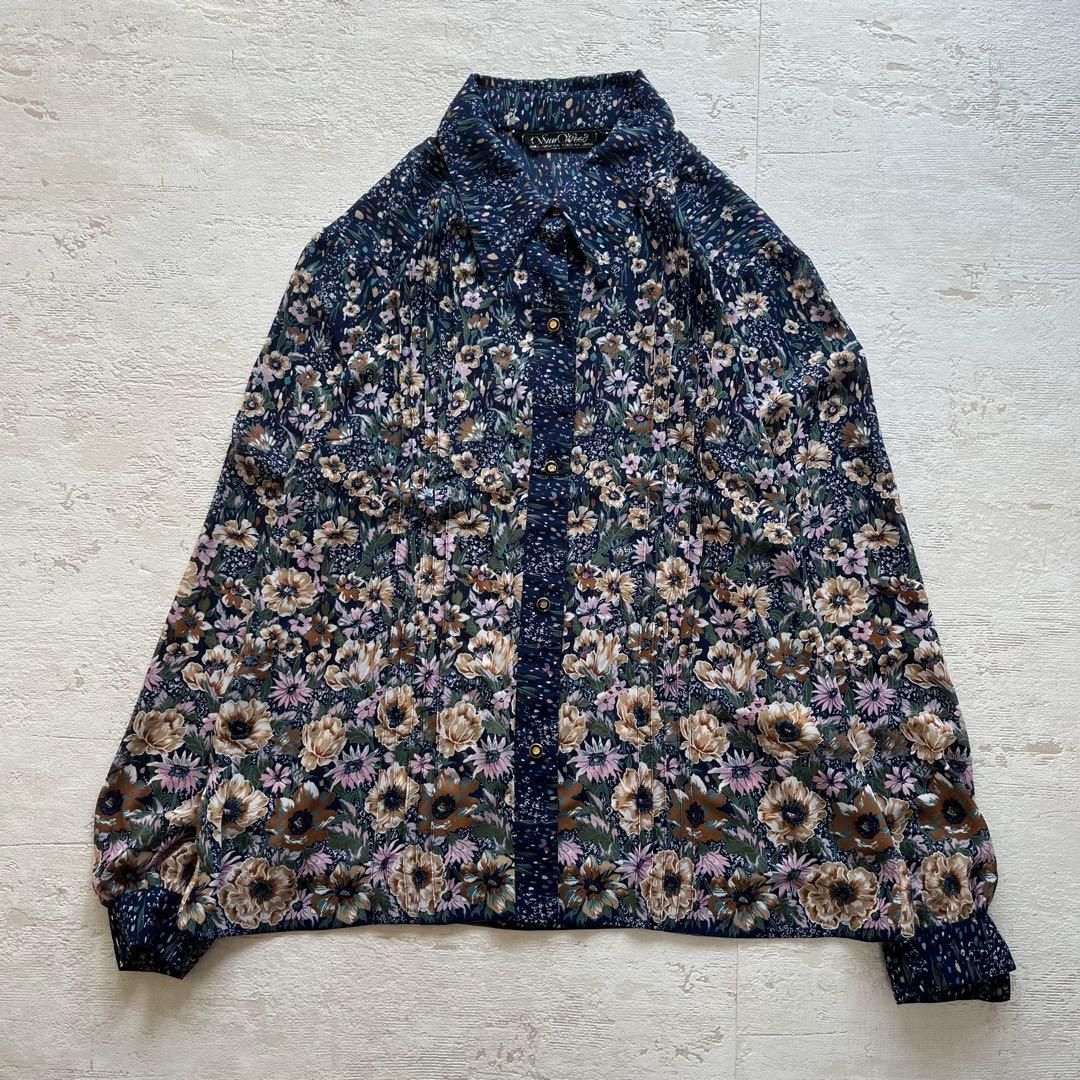 昭和レトロ花柄長袖ロングワンピースセットアップ透け素材ネイビーaf