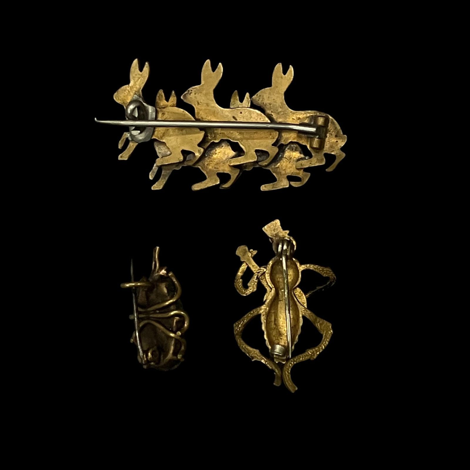 ヴィンテージ風 ブローチ 3点セット うさぎ 昆虫 キリギリス 個性派 アニマルモチーフ