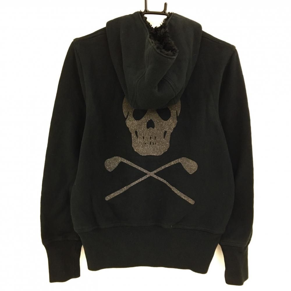 マークアンドロナ ジップパーカー 黒 フード内ボア 後ビッグスカル レディース S ゴルフウェア MARK＆LONA