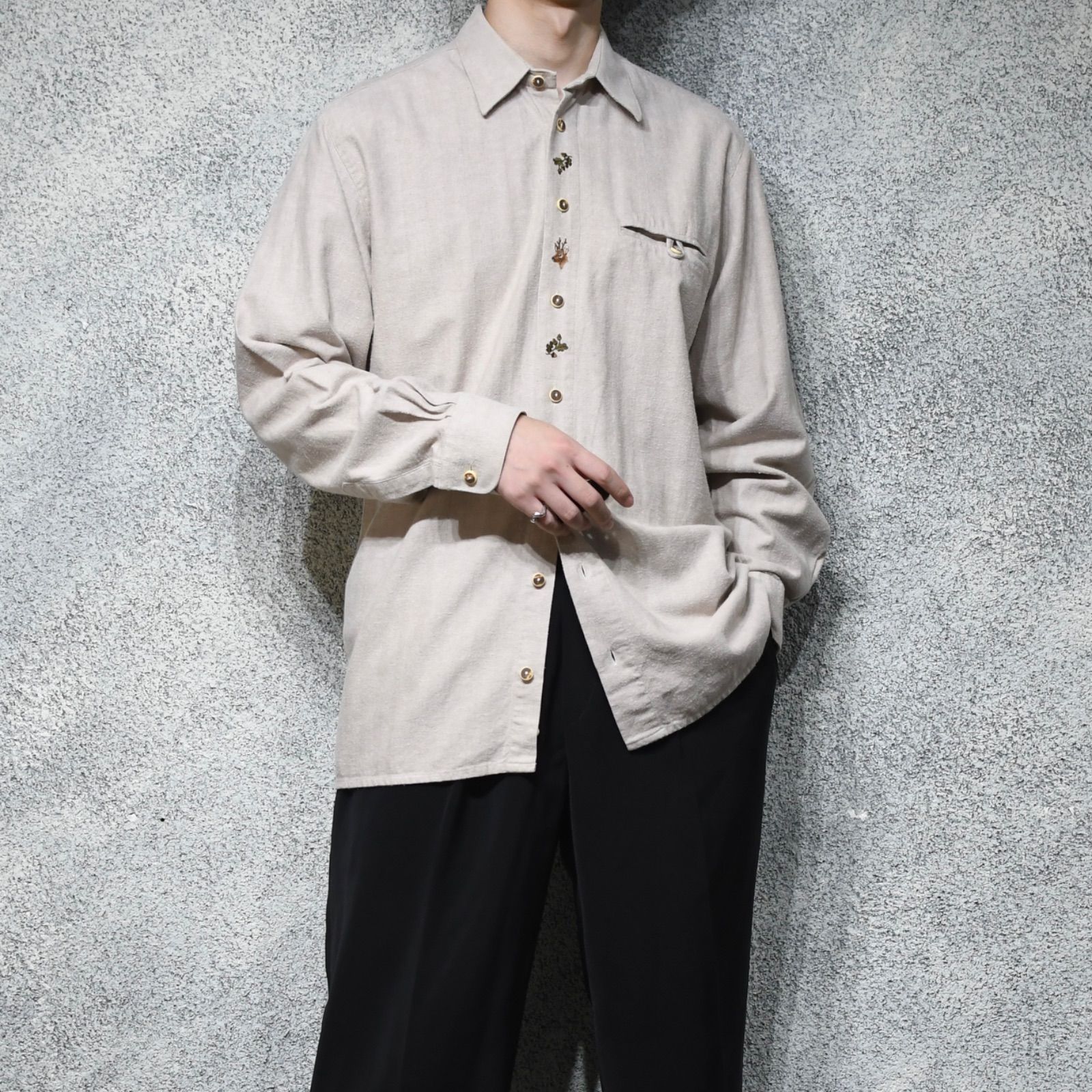 古着 ヘリンボーン織り チロリアンシャツ 刺繍 デザインシャツ 長袖シャツ シャツ