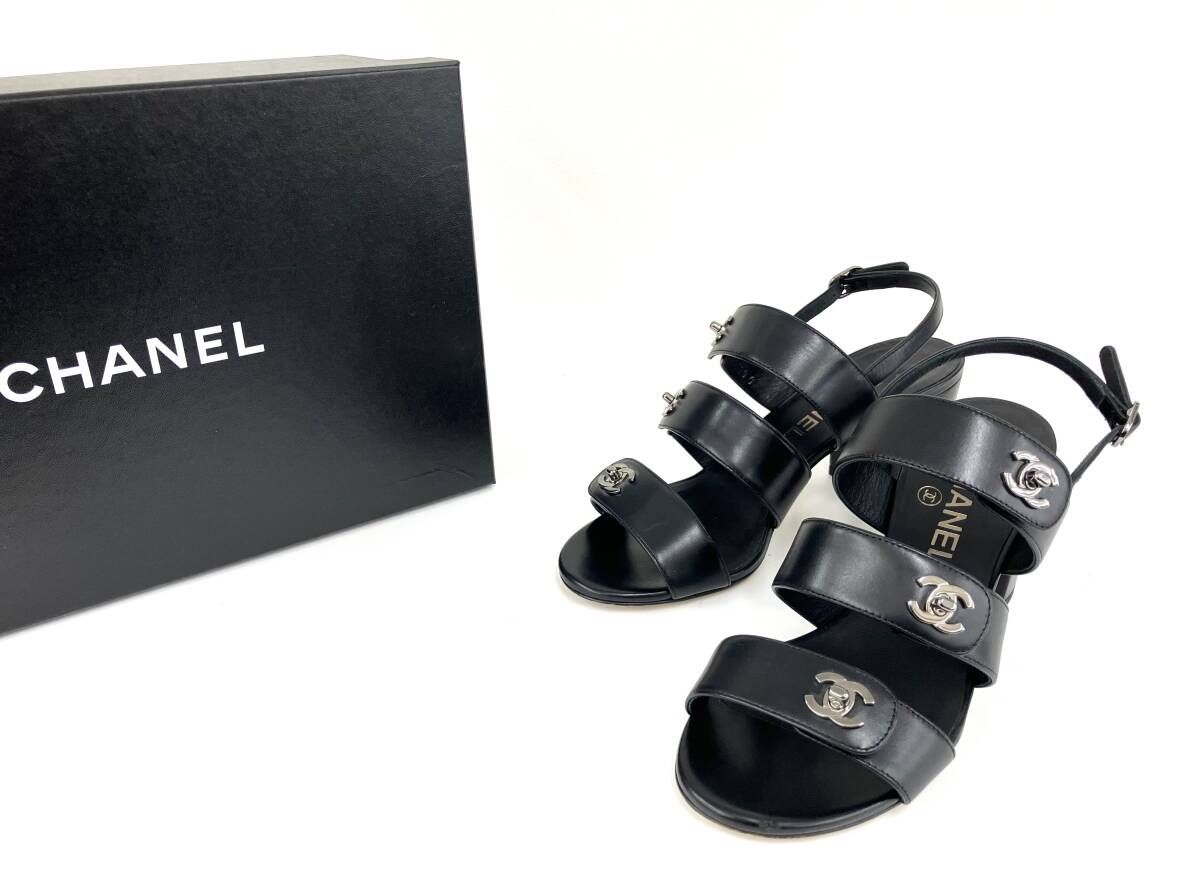 CHANELターンロックブラックレザーサンダル美品シャネルサンダル CHANEL シャネル サンダル カーフスキン ターンロック 黒 ブラック
