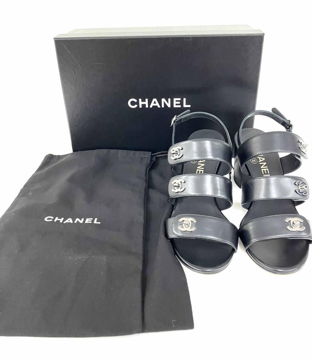 CHANEL シャネル サンダル カーフスキン ターンロック 黒 ブラック