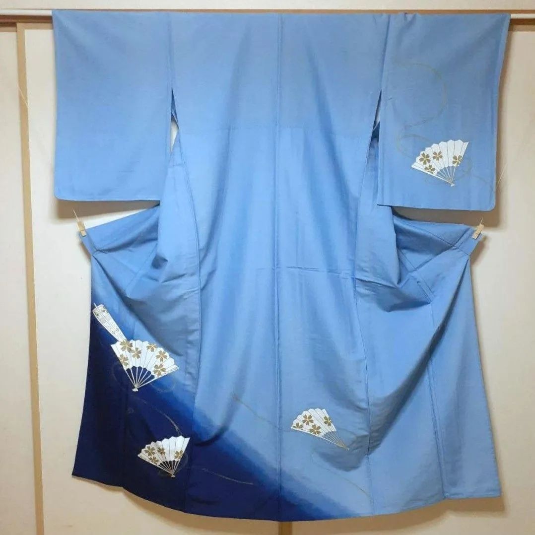 ポリエステル着物専門店in.style◆未使用品◆舞台衣裳◆付下訪問着◆着物◆踊り◆単衣◆仕付け糸◆扇◆裄66cm◆丈157.5cm