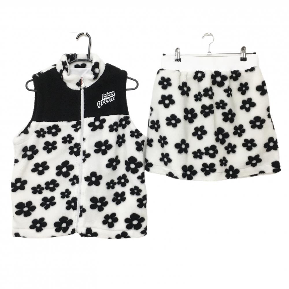 キスオンザグリーン ボアセットアップ ベスト スカート 白 黒 フラワー総柄 レディース 3 L ゴルフウェア kiss on the green