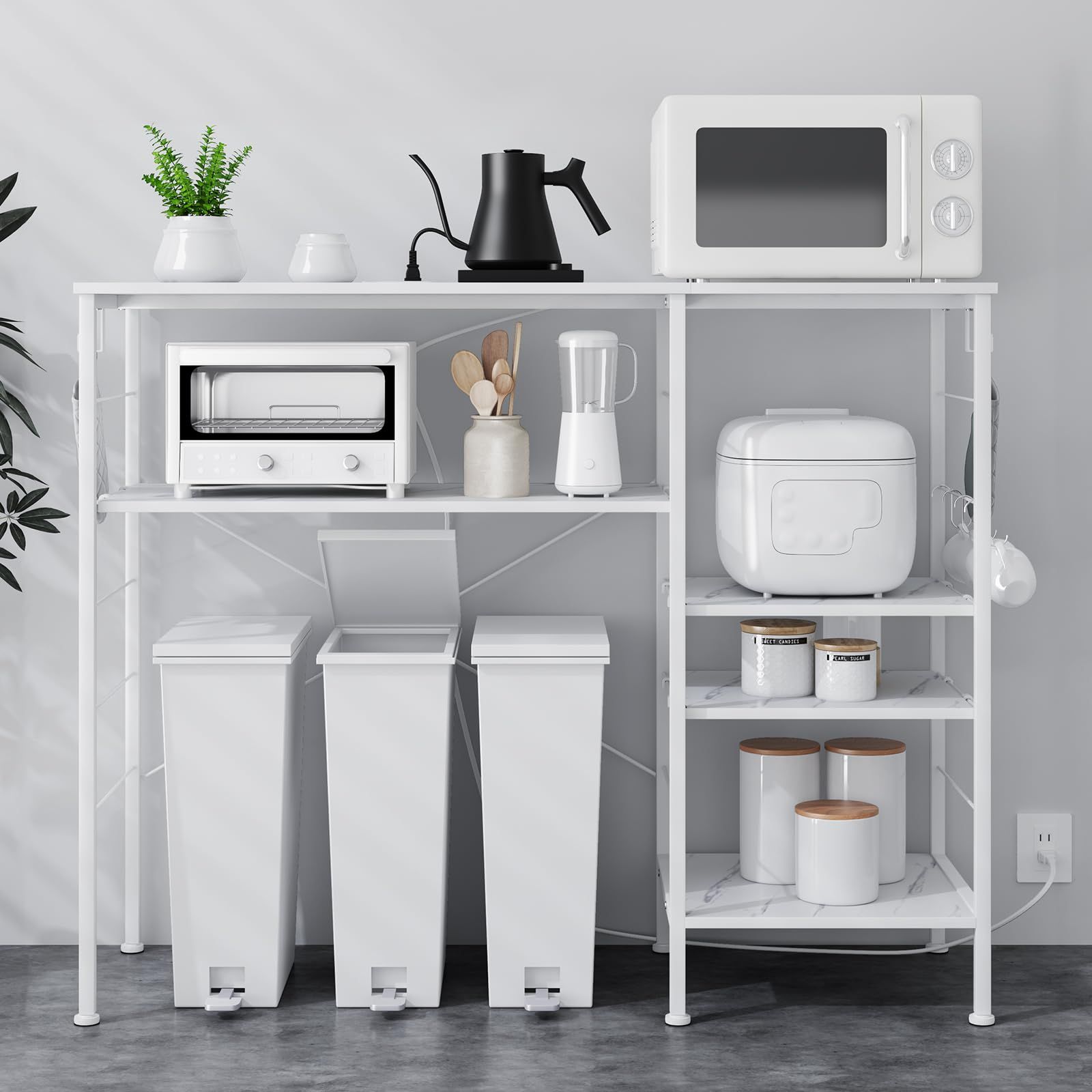 LunarLight ゴミ箱上ラック ゴミ箱収納 レンジラック レンジ台 食器棚 キッチン収納 キッチン棚 カウンタータイプ 料理台 可動式棚 5段階高さ調整 左右差し替え コンセント付き フック6個付き 組立簡単 マーブルホワイト 幅120㎝