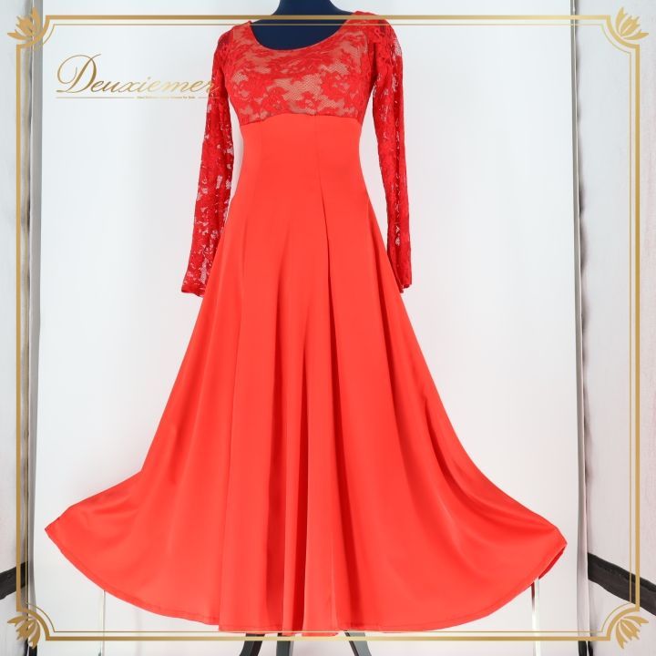 社交ダンス 衣装 ドレス ワンピース ドレス 赤 無地 パーティ 発表会 レース 光沢 伸縮 上品 感 レッド系 高品質 おしゃれ 女性用 エレガント フォーマル ラグジュアリー シンプル フェミニン スカートエレガント