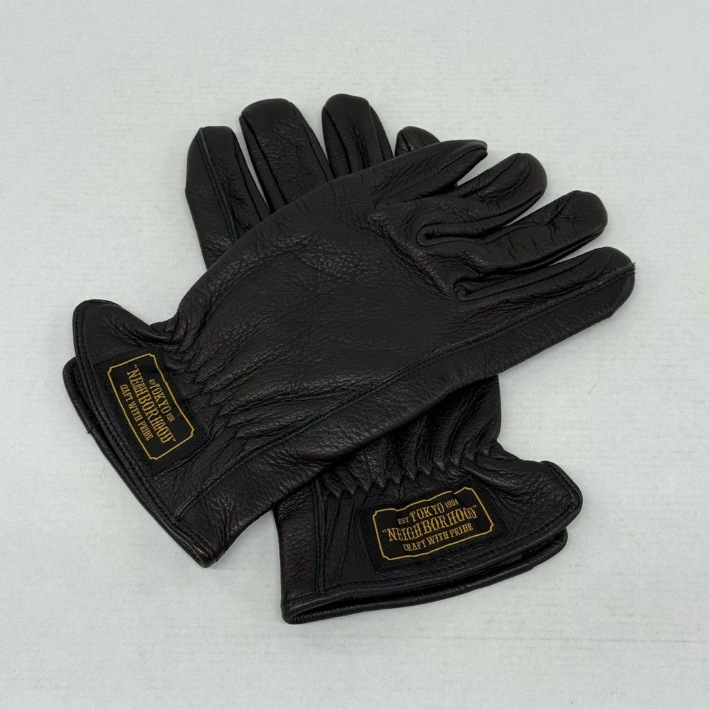 NEIGHBORHOOD Leather Glove サイズL ブラック ネイバーフッド レザー グローブ ロゴパッチ 革手袋 黒 バイカー 小物 X0613-001 284