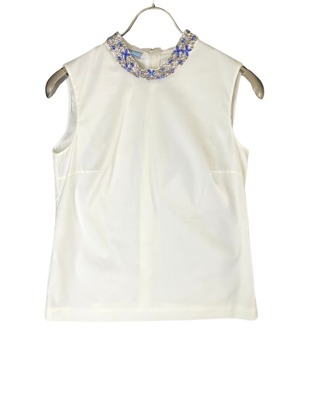 32 PRADA プラダ ネックビジューブラウス 32 ホワイトブルークリア げ交渉