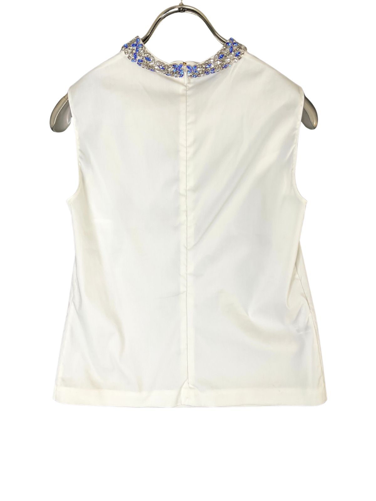 32 PRADA プラダ ネックビジューブラウス ホワイトブルークリア げ交渉