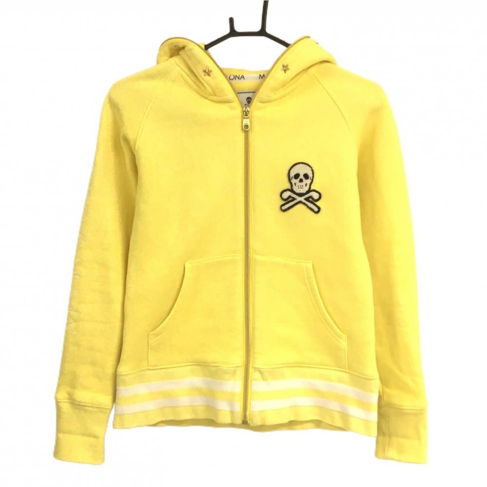 マークアンドロナ ジップパーカー イエロー×白 フード部分スタッズ 裏起毛 レディース M ゴルフウェア MARK＆LONA