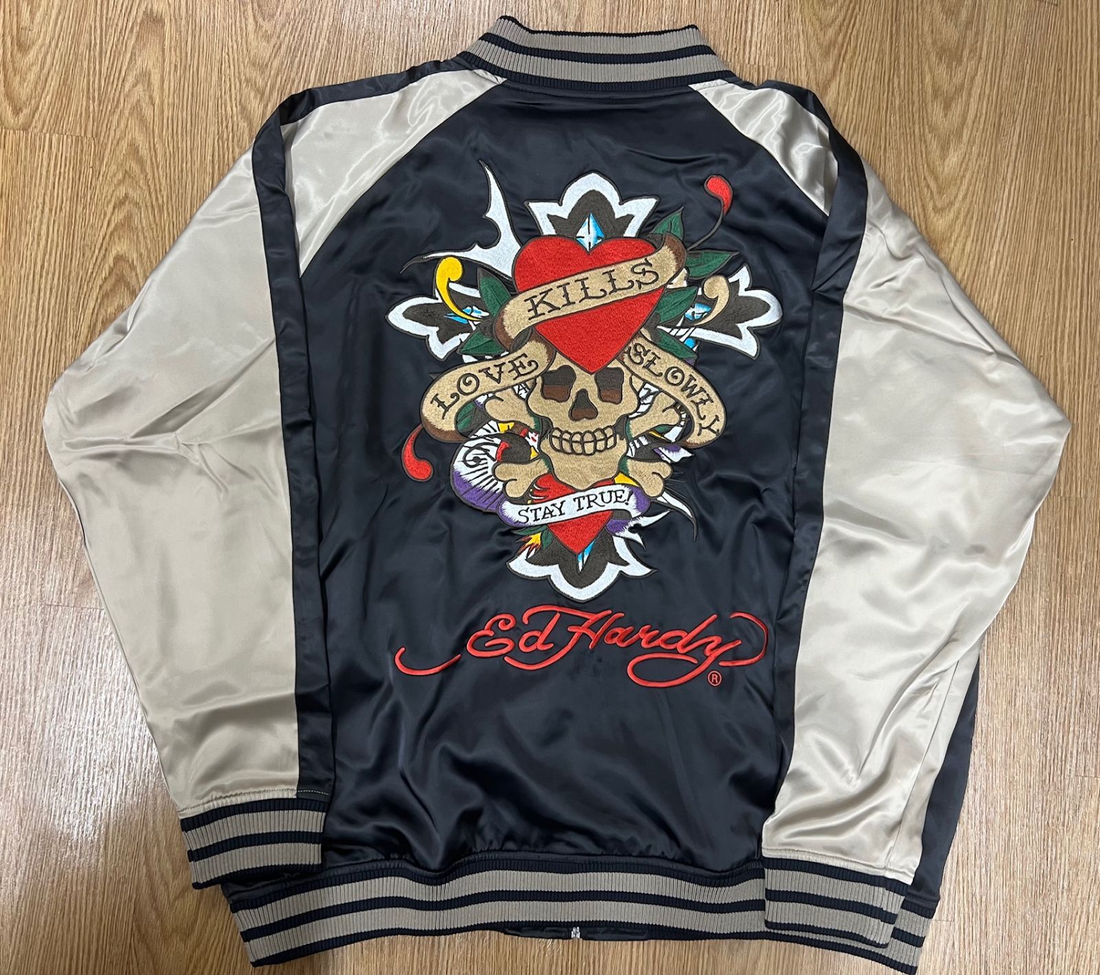 ED HARDY エドハーディー 刺繍 スカジャン ブラックxベージュ 3Lサイズ相応 キングサイズ 品
