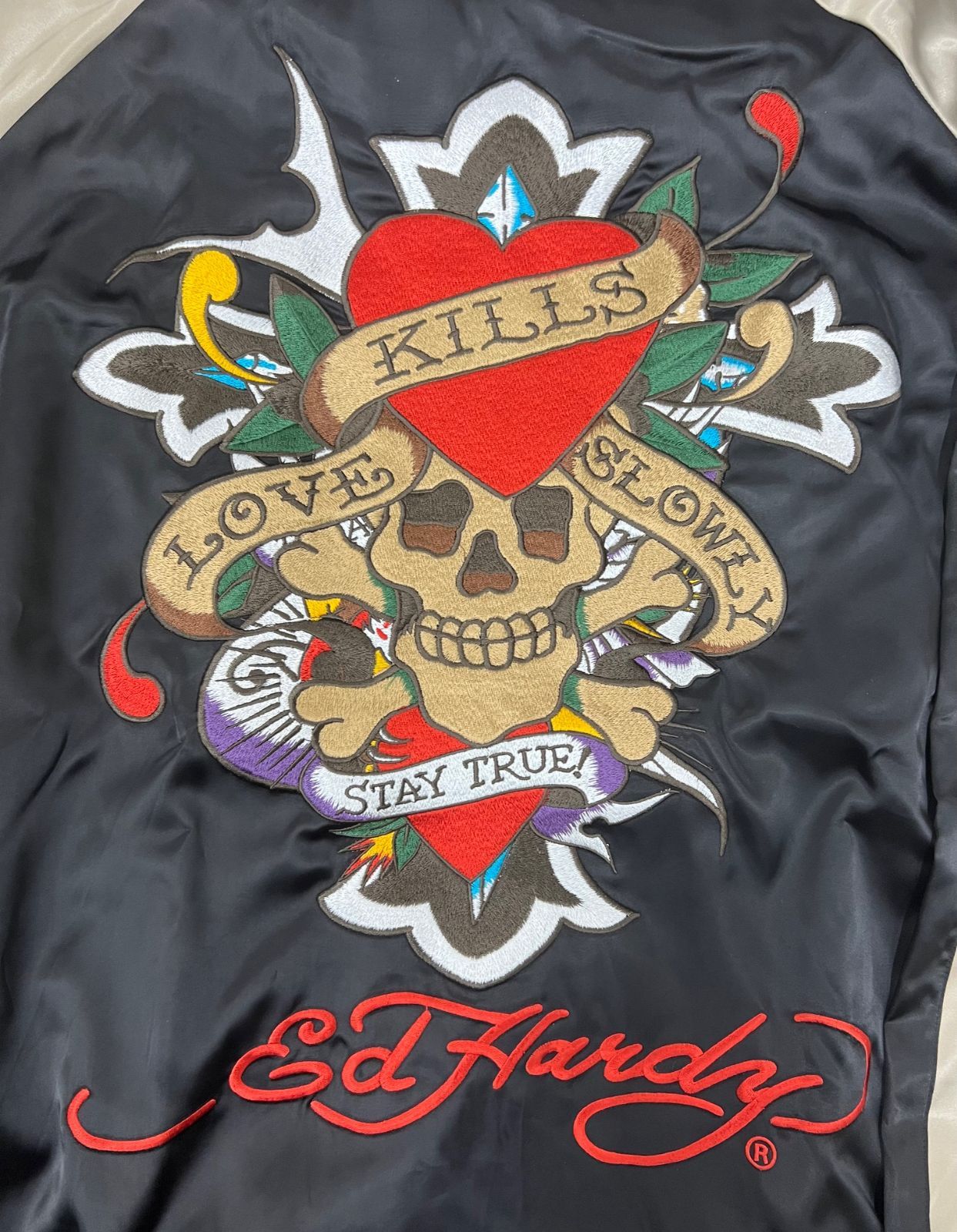 ED HARDY|エドハーディー|刺繍 |スカジャン ブラックxベージュ 3Lサイズ相応|キングサイズ ♥|サンプル品