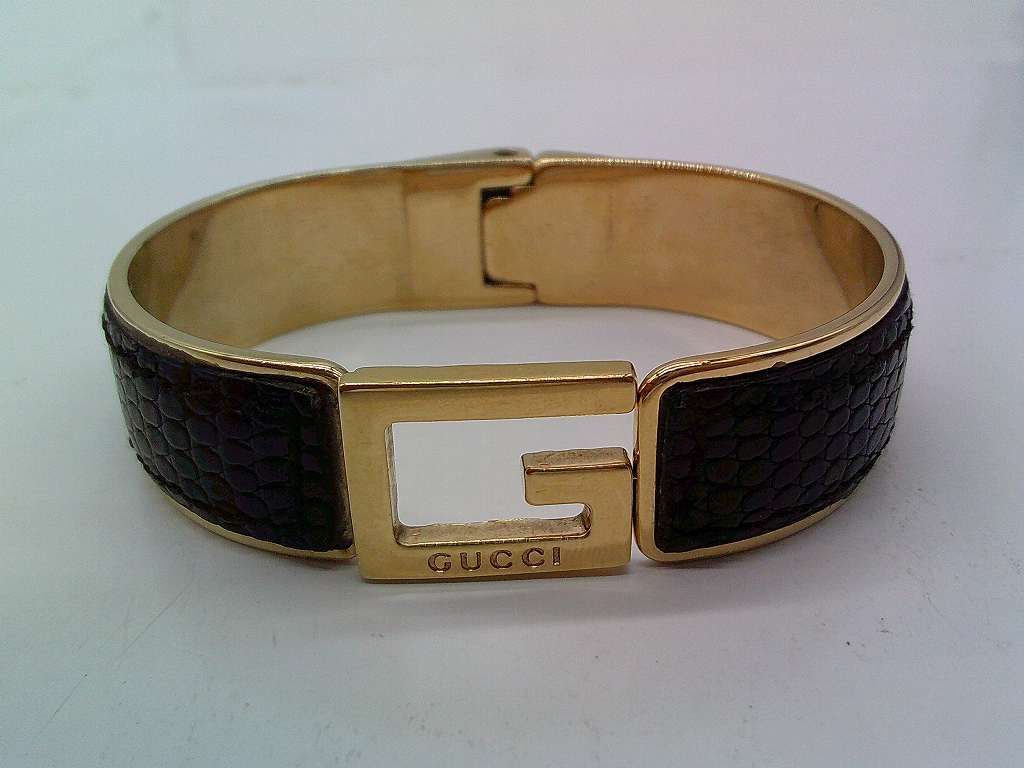 BKM2 グッチ GUCCI バングル ブレスレット レザーブラック ゴールド