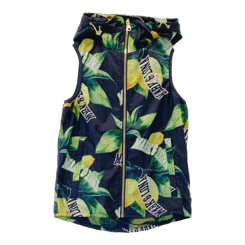 サイズ S MARK-LONA マークアンドロナ フード付き 裏メッシュ ジップベスト レモン柄 ネイビー系 240101548144 ゴルフウェア レディース ストスト