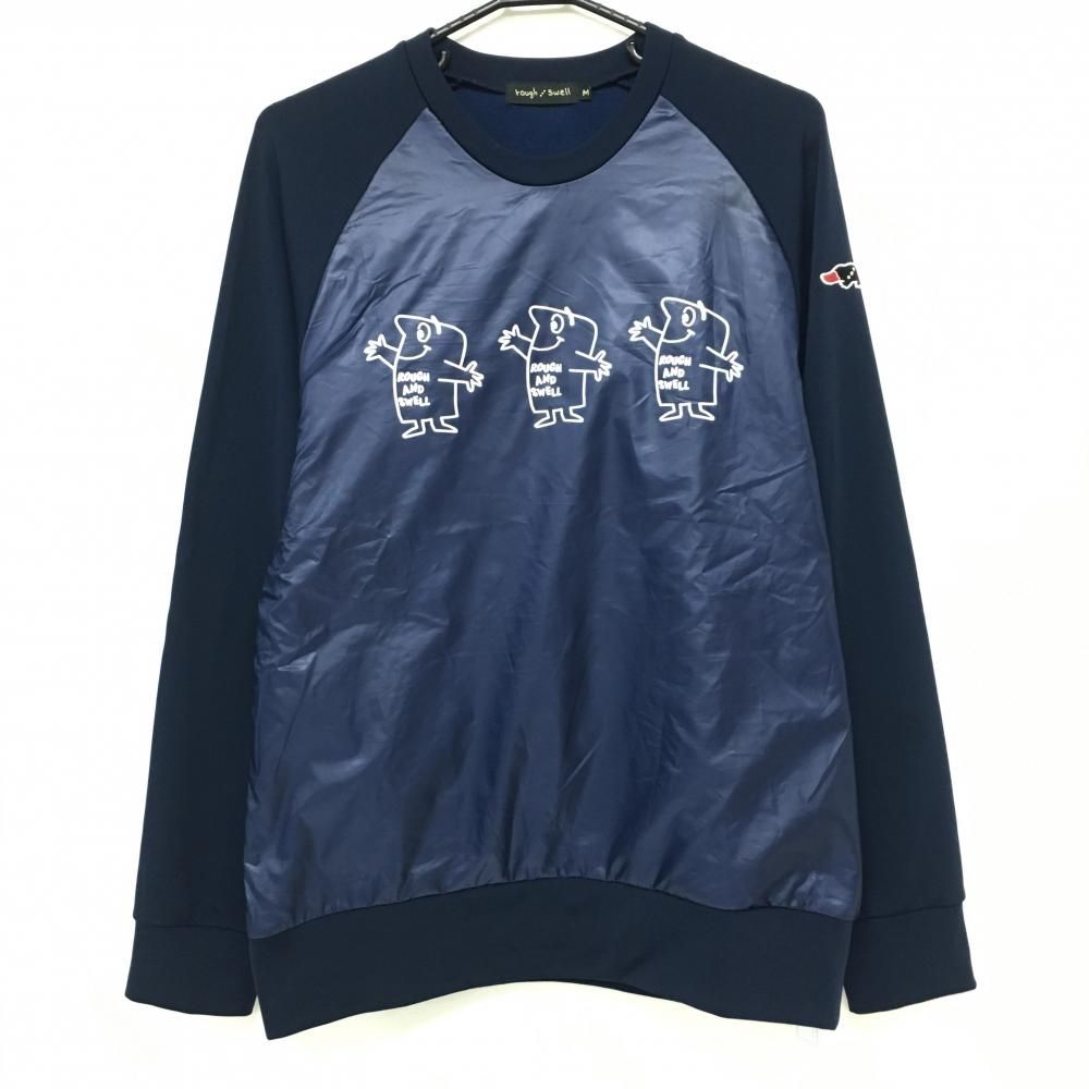 超 ラフアンドスウェル トレーナー ネイビー×白 前身頃切替 裏起毛 メンズ M ゴルフウェア rough＆swell