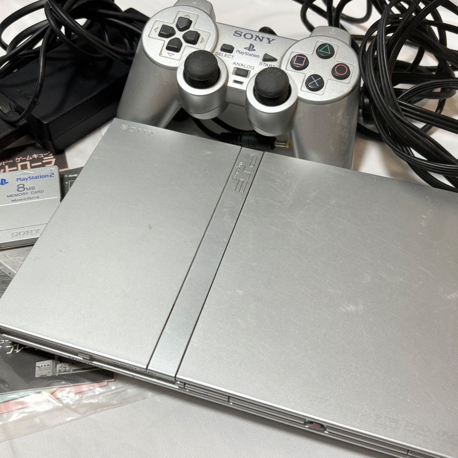 PlayStation 2|プレステ2|薄型|PS 2|シルバー|ゲーム機本体|コントローラー1台|動作品|稼働品| 品|メモリーカード8 MB