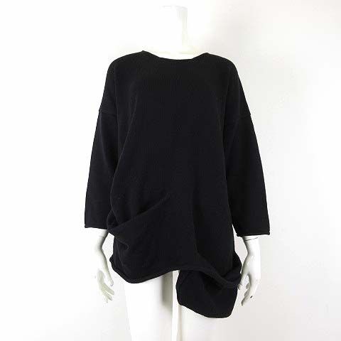 リビアナコンティ Liviana Conti イタリア製 ニット チュニック セーター ウール 長袖 アシンメトリー イレヘム 変形 デザインポケット L 42 紺 ダークネイビー