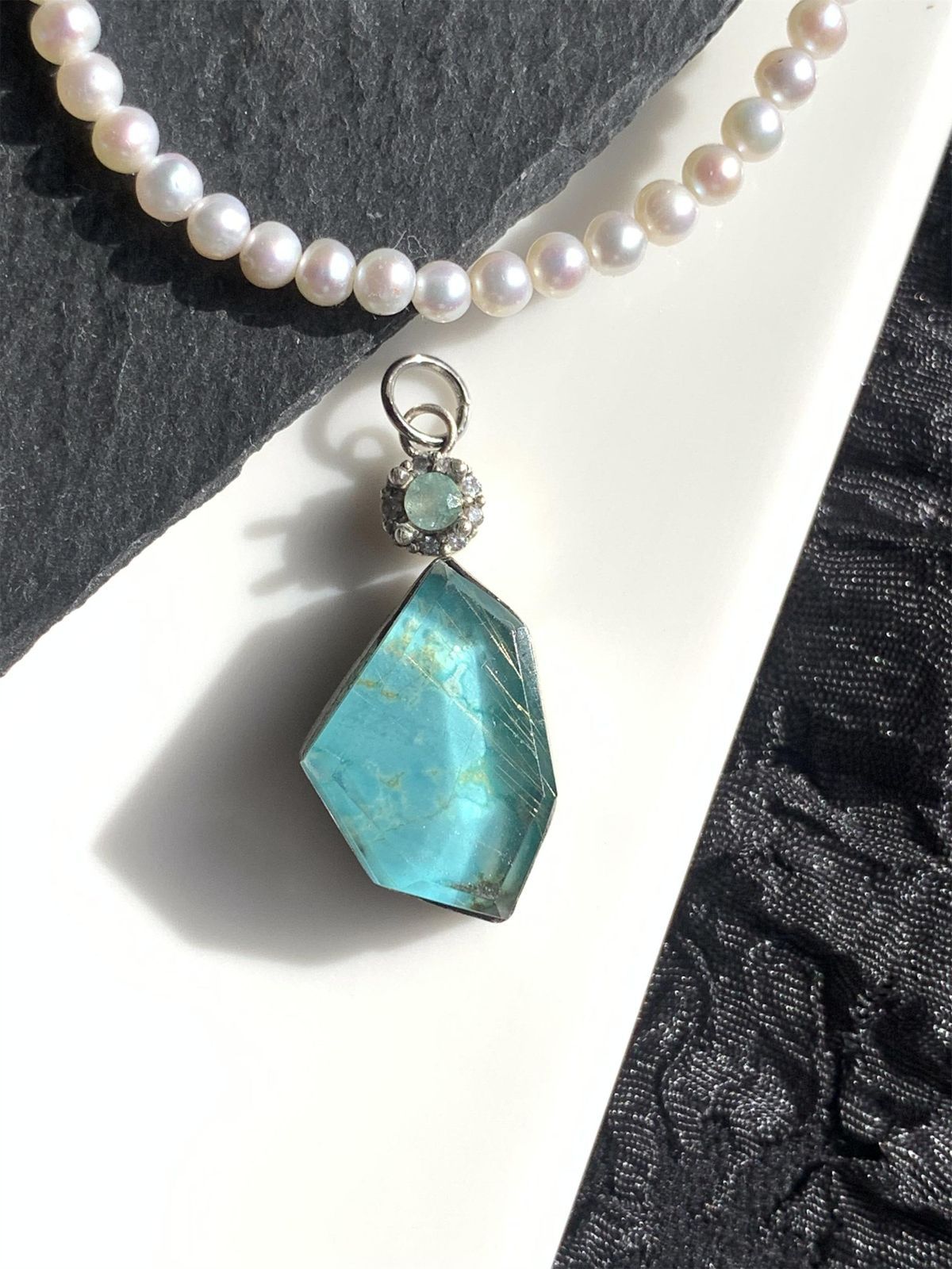 ターコイズ×ルチルクォーツ エメラルド ダブレット ストーン ペンダント ネックレス チャーム SV925シルバー 1点もの 104