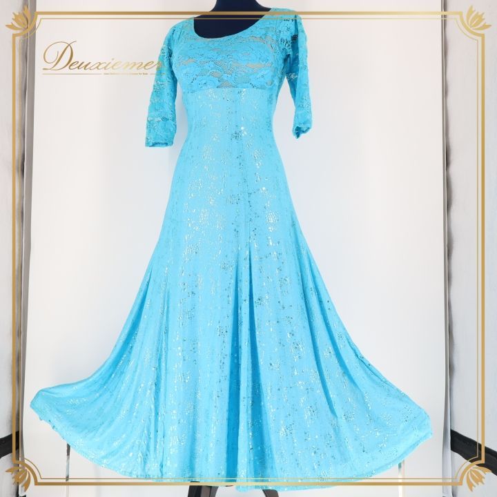 社交ダンス 衣装 ドレス ドレス ワンピース パーティ 発表会 水色 ラメ キラキラ ブルー系 伸縮 ダンス レース 華やか おしゃれ スカート 反射 輝く 軽量 発表会用 イベント用 フェスティバル コスチューム フィット感