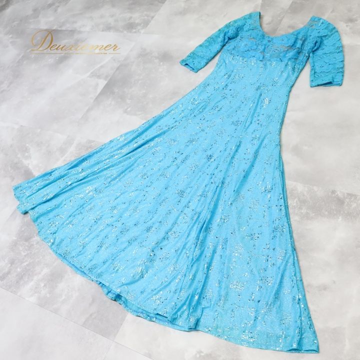 社交ダンス 衣装 スタンダードドレス ドレス ワンピース パーティ 発表会 水色 ラメ キラキラ ブルー系 伸縮 ダンス レース 華やか おしゃれ スカート 反射 輝く 軽量 発表会用 イベント用 フェスティバル コスチューム フィット感 LLC-HASEGAWATOSO_COM